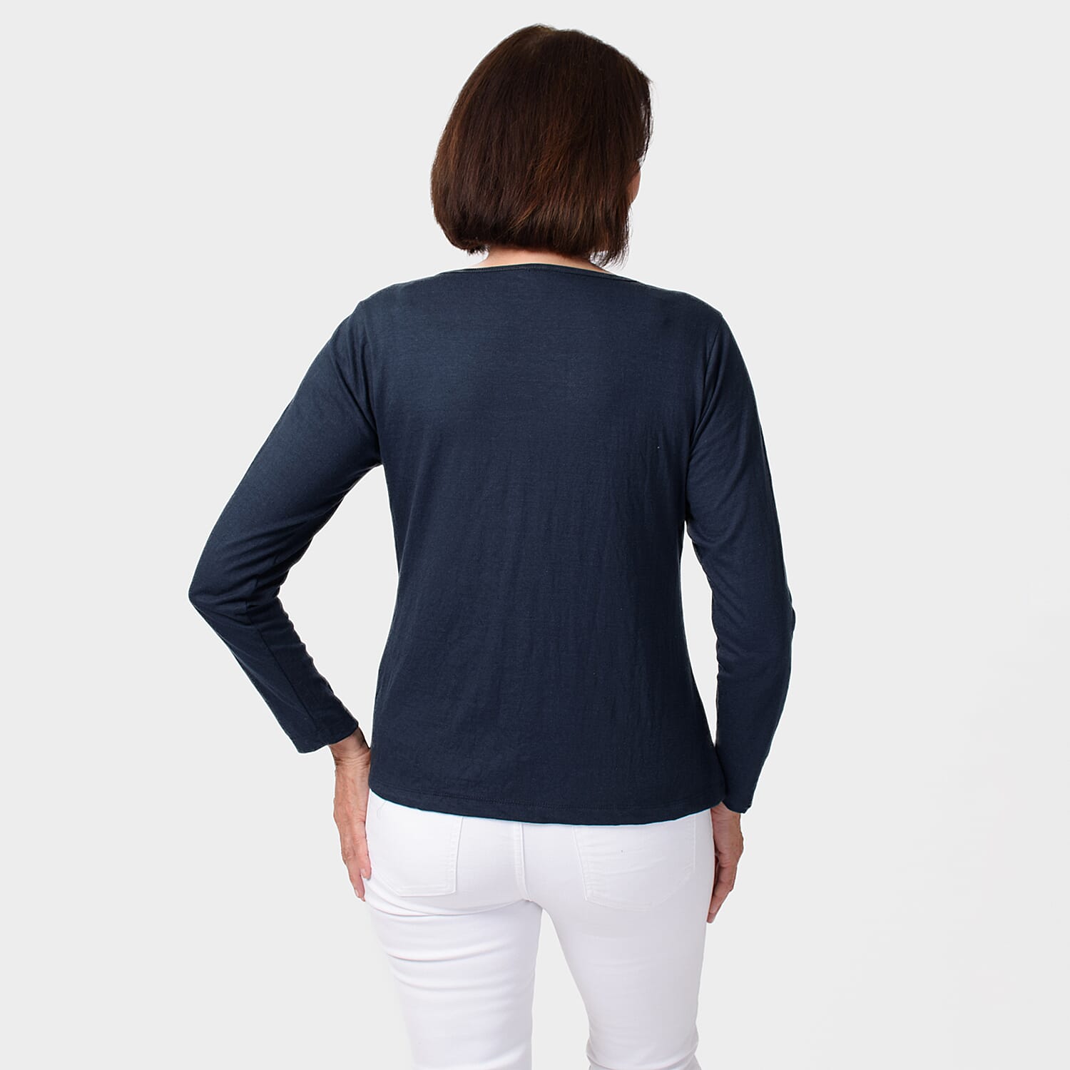 TAMSY Set of 2 Long Sleeve Classic V Neck T-Shirt (Size L) - Navy & White