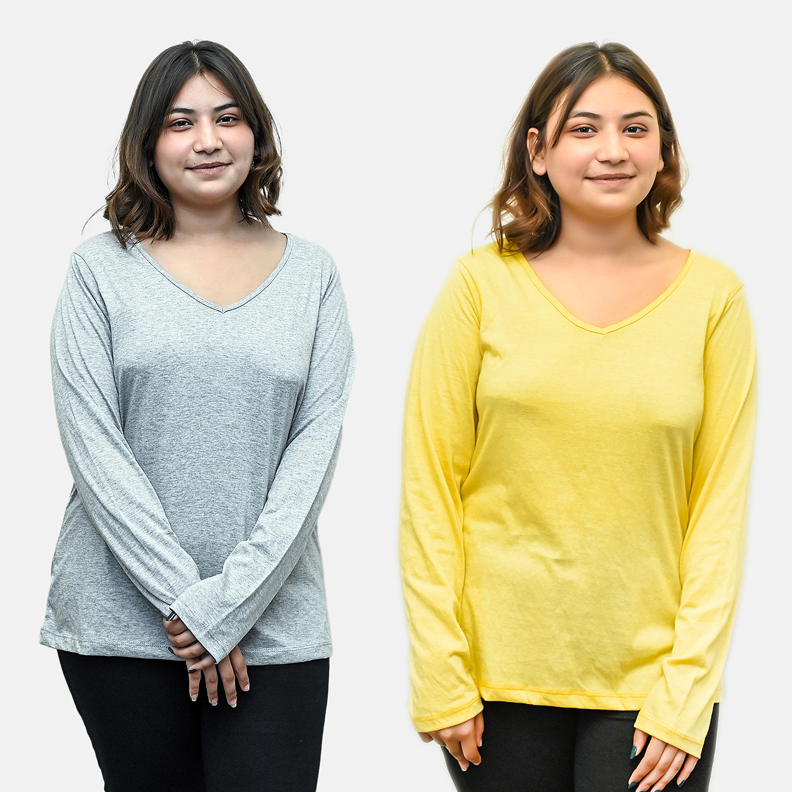 Set of 2 Long Sleeves T-Shirt (Size M) - Lemon & Grey
