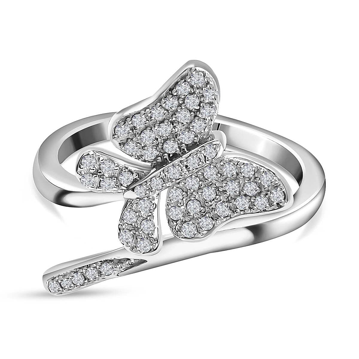 Diamond Butterfly Bypass Ring in Platinum Overlay Sterling Silver 0.26 Ct