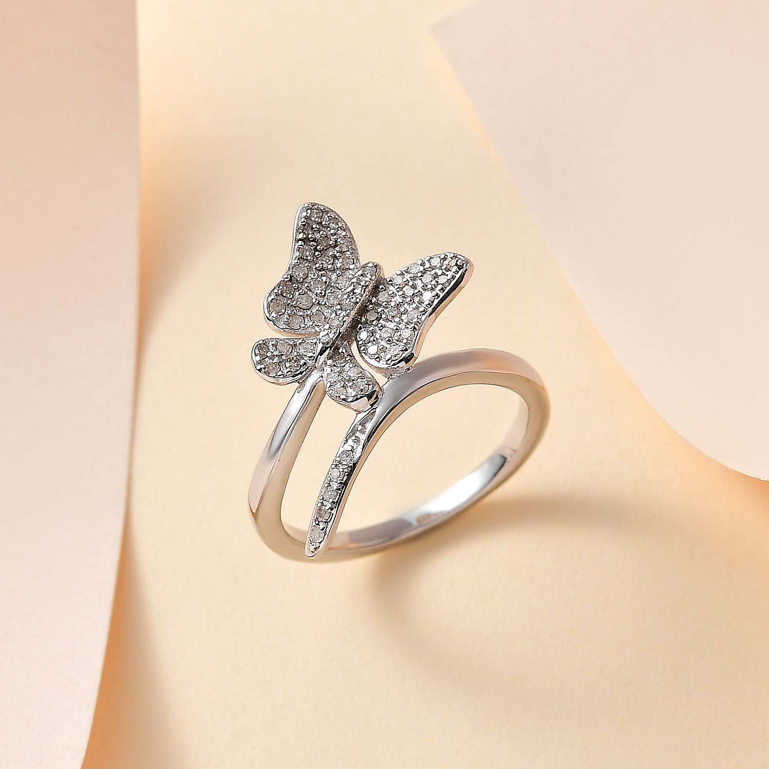 Diamond Butterfly Bypass Ring in Platinum Overlay Sterling Silver 0.26 Ct