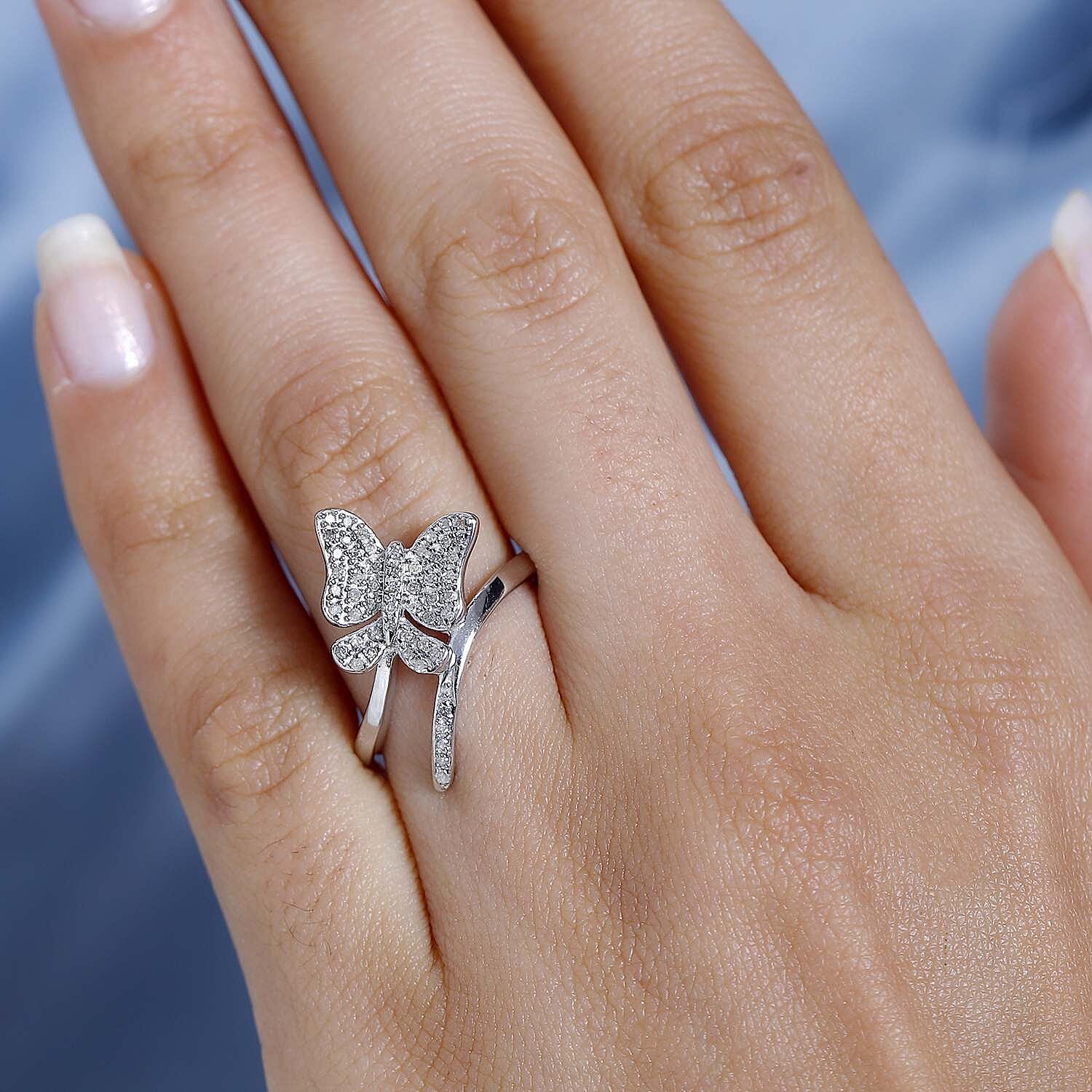 Diamond Butterfly Bypass Ring in Platinum Overlay Sterling Silver 0.26 Ct