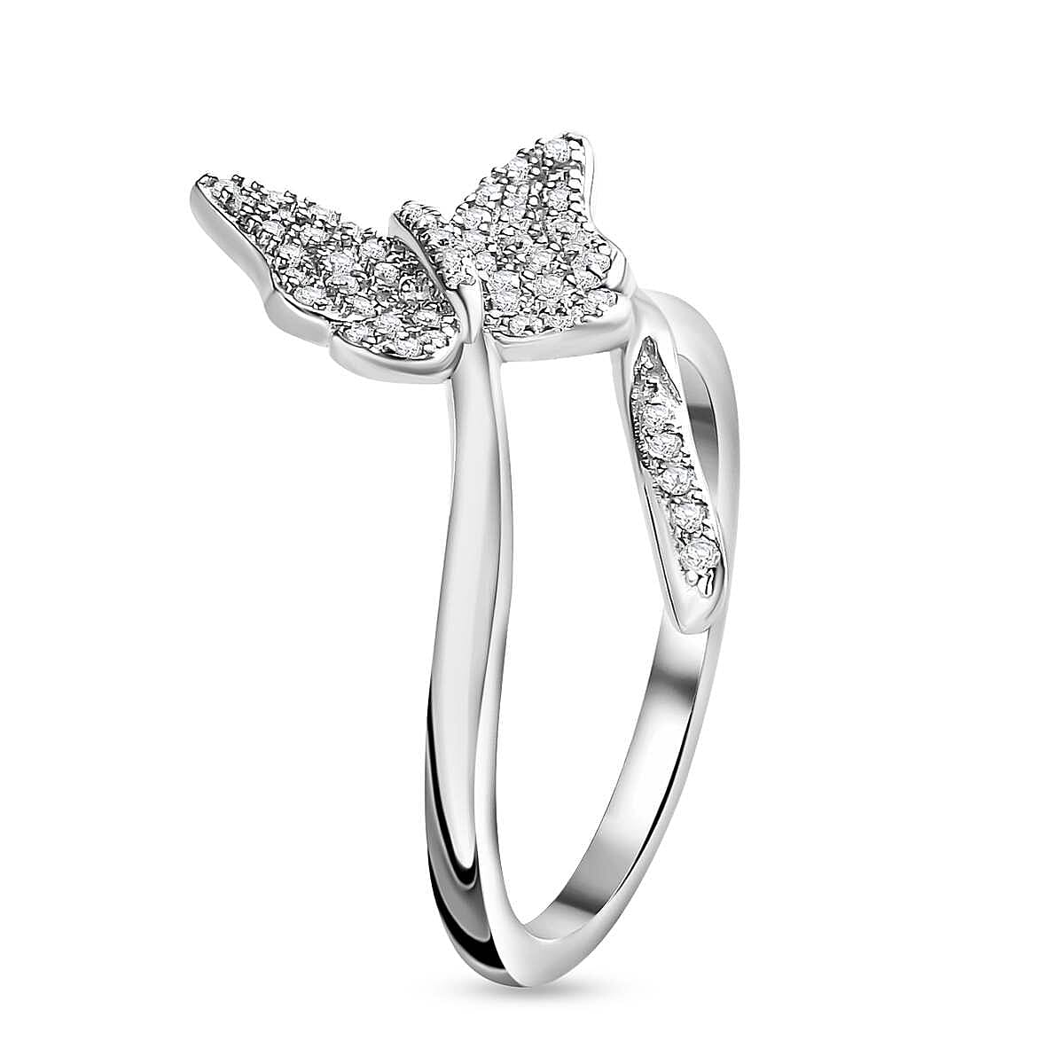 Diamond Butterfly Bypass Ring in Platinum Overlay Sterling Silver 0.26 Ct