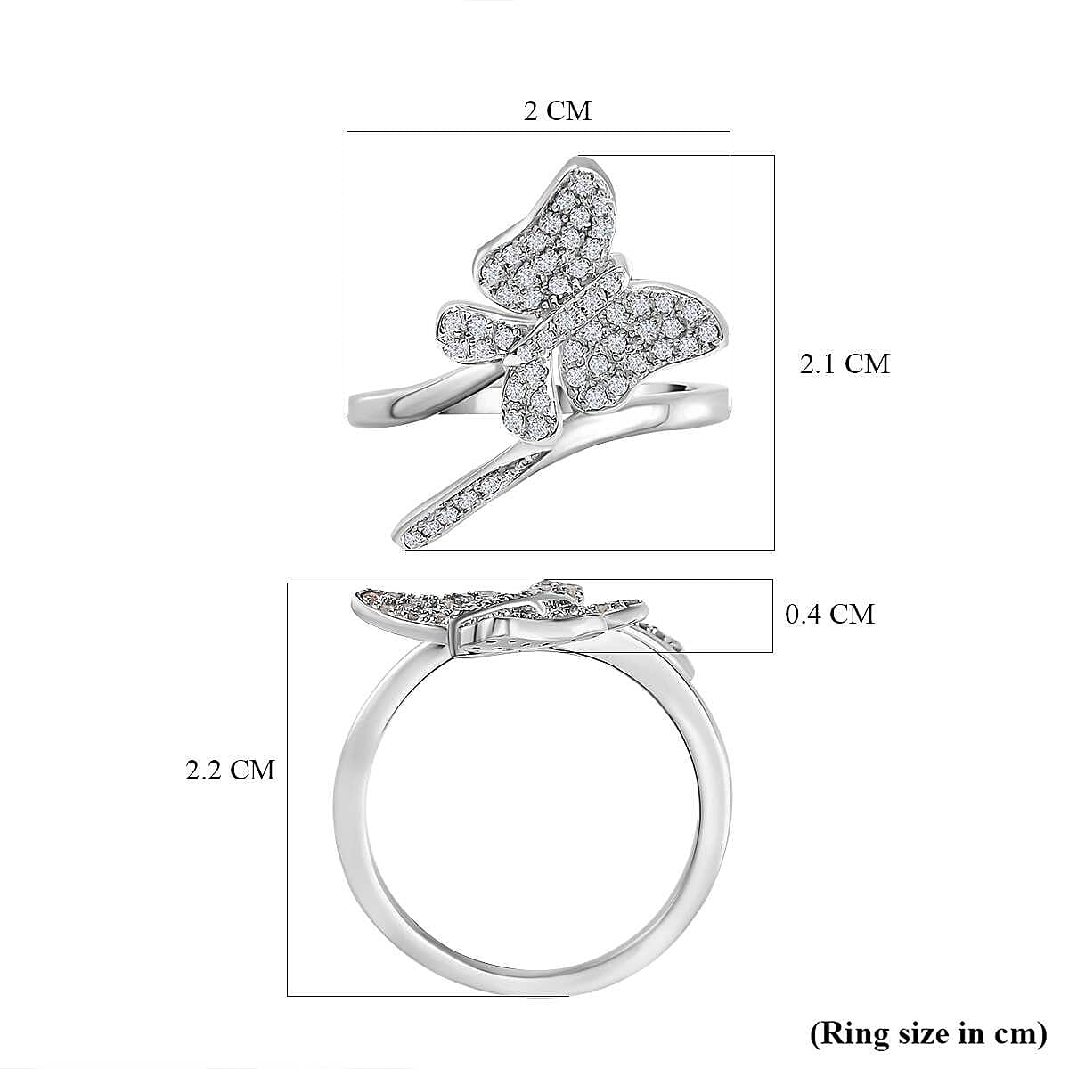 Diamond Butterfly Bypass Ring in Platinum Overlay Sterling Silver 0.26 Ct