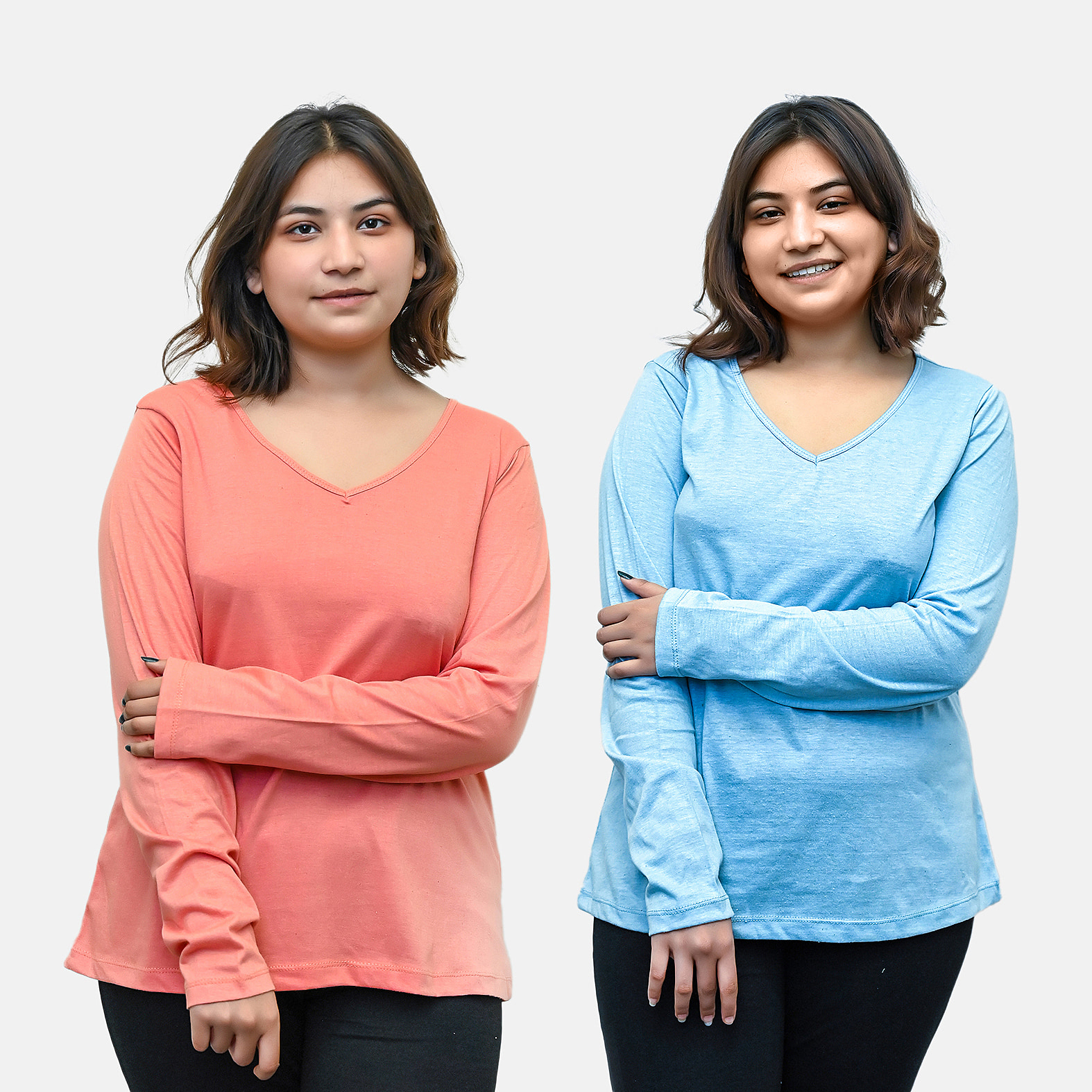TAMSY Set of 2 Long Sleeves V Neck T-Shirt (Size S) - Coral & Z Chambray Blue