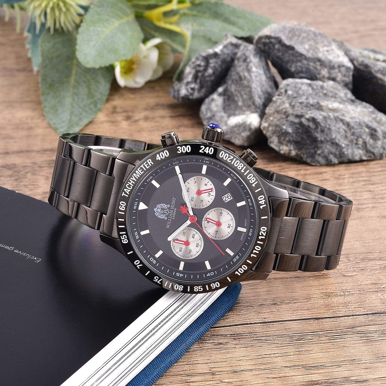 LIMITED QUANTITY -William Hunt Multifunction Movement Black Dial 5 ATM Water Resistant Watch with Black Chain Strap