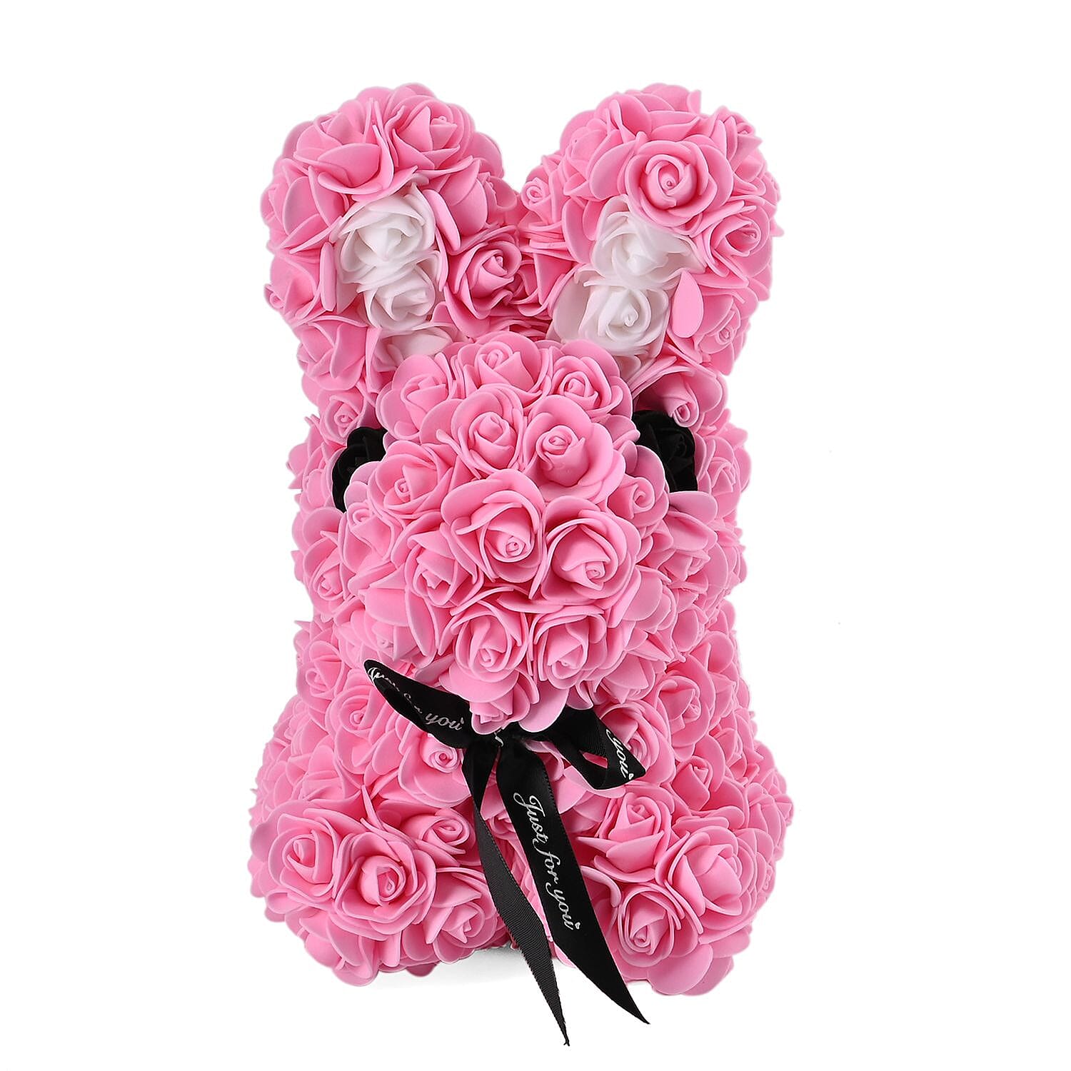 Handcrafted Rose Flower Bunnie with Bow - Pink & White