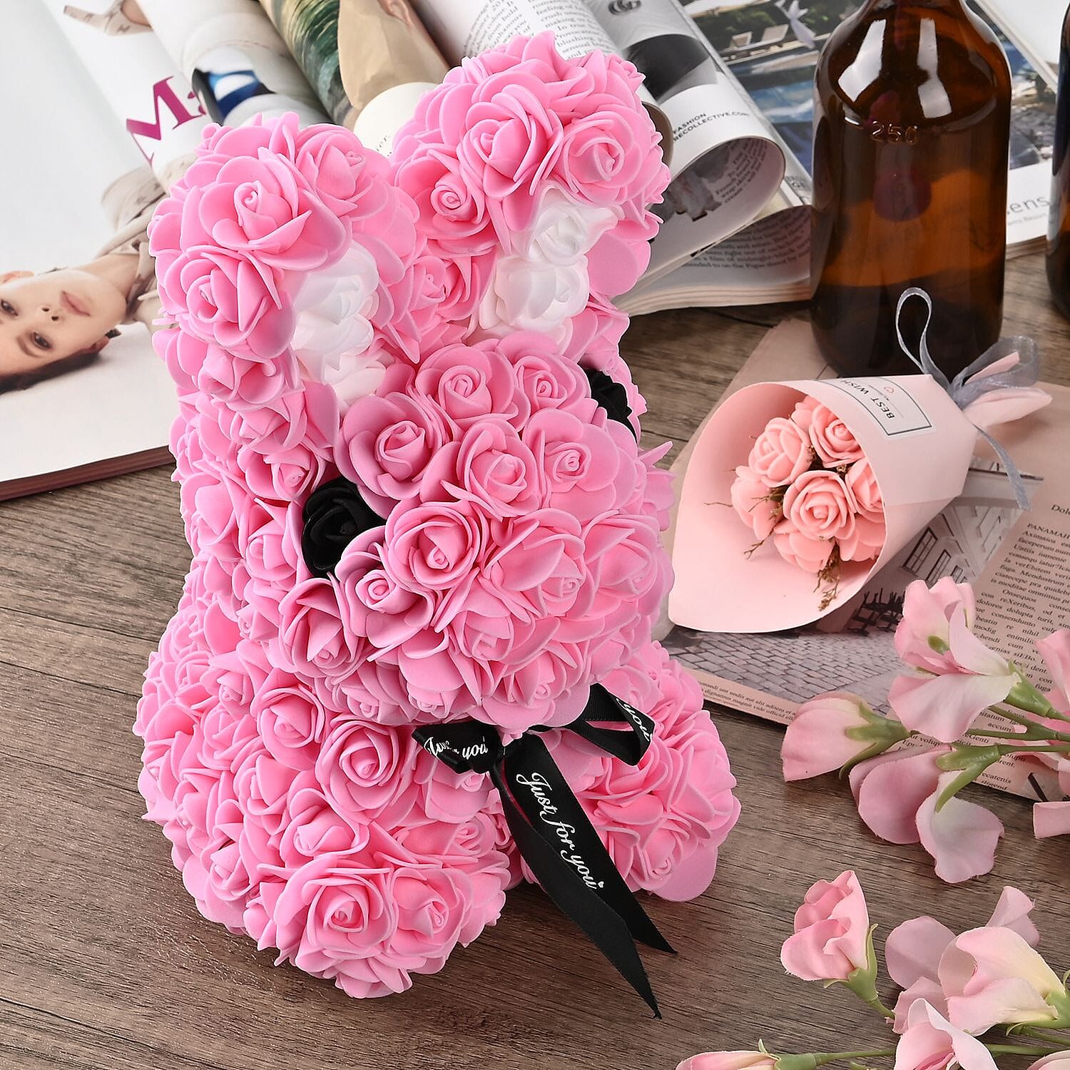 Handcrafted Rose Flower Bunnie with Bow - Pink & White