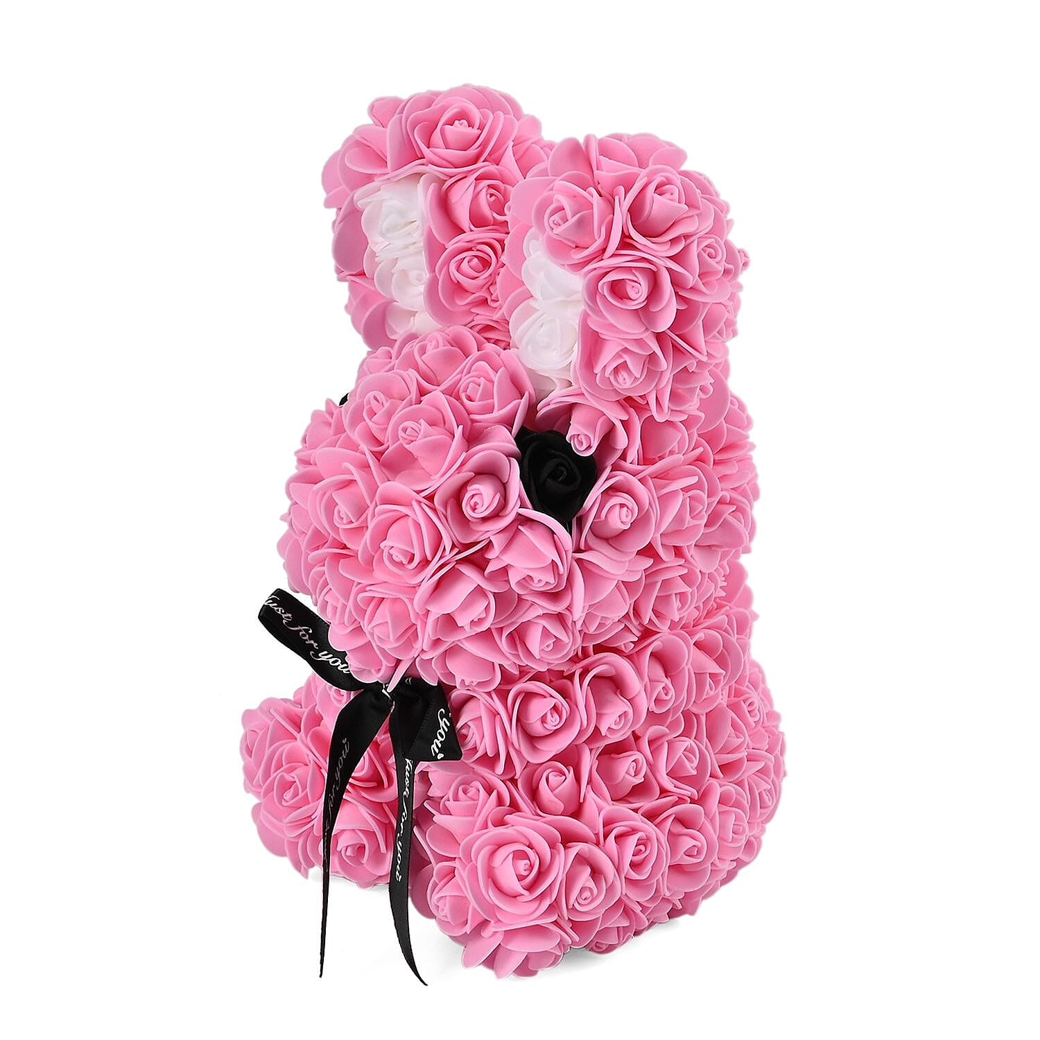 Handcrafted Rose Flower Bunnie with Bow - Pink & White