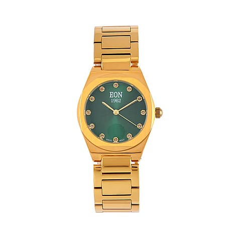 Back by Demand - EON 1962  Swiss Movt.12 Natural Champagne Diamond 5ATM WR Stainless Steel Watch- Gold Green