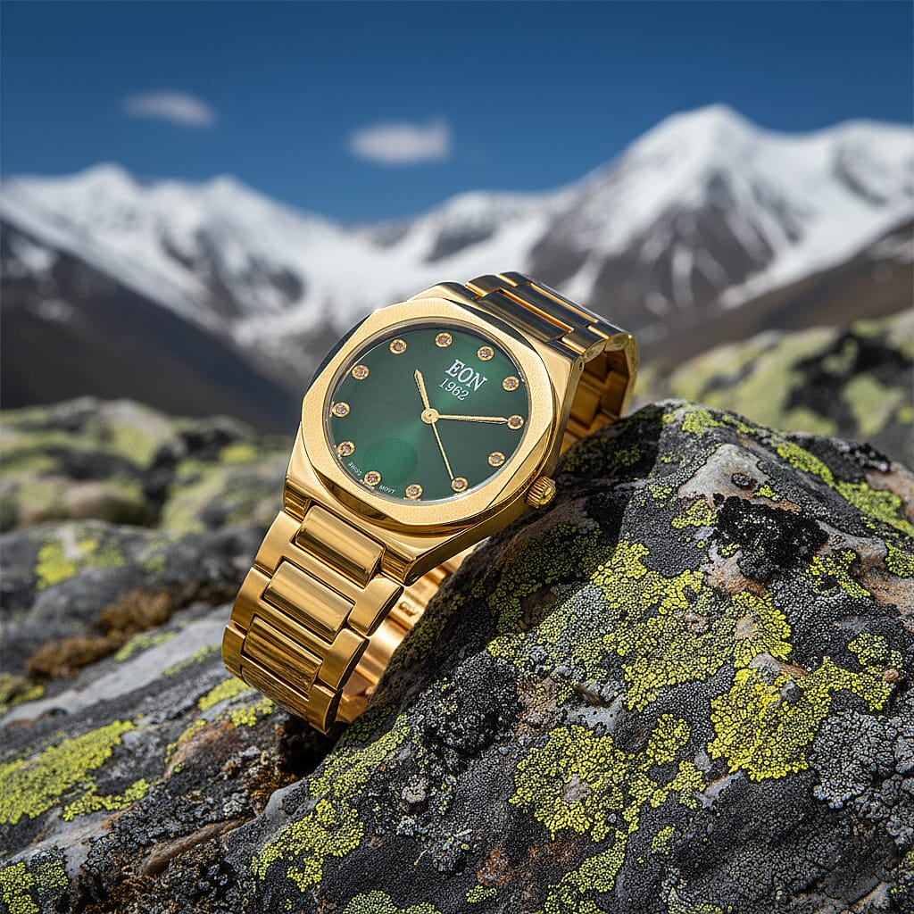 Back by Demand - EON 1962  Swiss Movt.12 Natural Champagne Diamond 5ATM WR Stainless Steel Watch- Gold Green