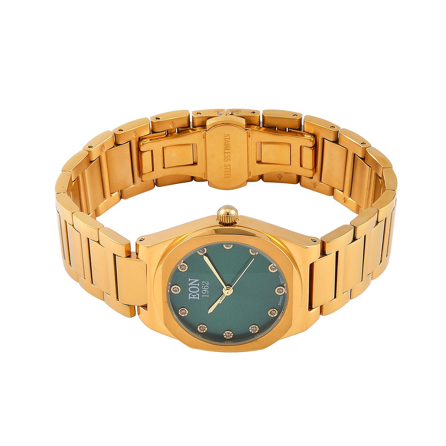 Back by Demand - EON 1962 Swiss Movt.12 Natural Champagne Diamond 5ATM WR Stainless Steel Watch- Gold Green Back by Demand - EON 1962 Swiss Movt.12 Natural Champagne Diamond 5ATM WR Stainless Steel Watch- Gold Green