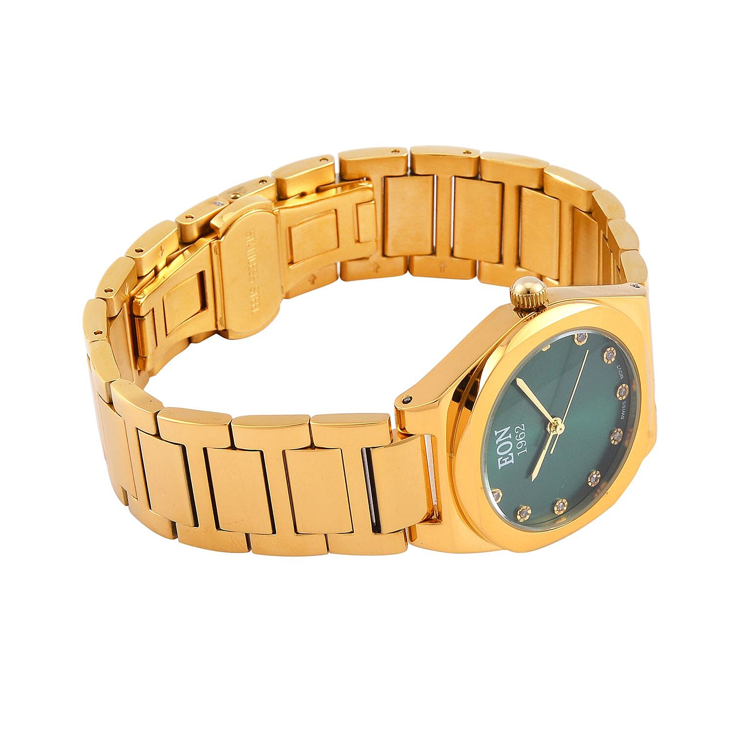 Back by Demand - EON 1962 Swiss Movt.12 Natural Champagne Diamond 5ATM WR Stainless Steel Watch- Gold Green Back by Demand - EON 1962 Swiss Movt.12 Natural Champagne Diamond 5ATM WR Stainless Steel Watch- Gold Green