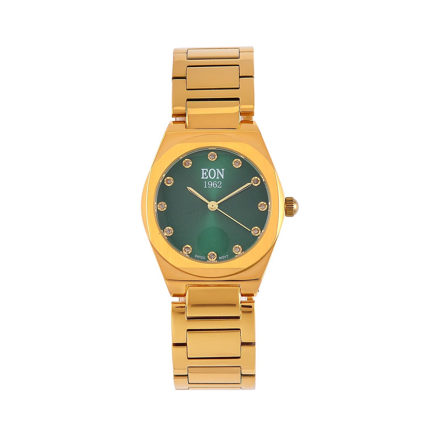 Back by Demand - EON 1962  Swiss Movt.12 Natural Champagne Diamond 5ATM WR Stainless Steel Watch- Gold Green