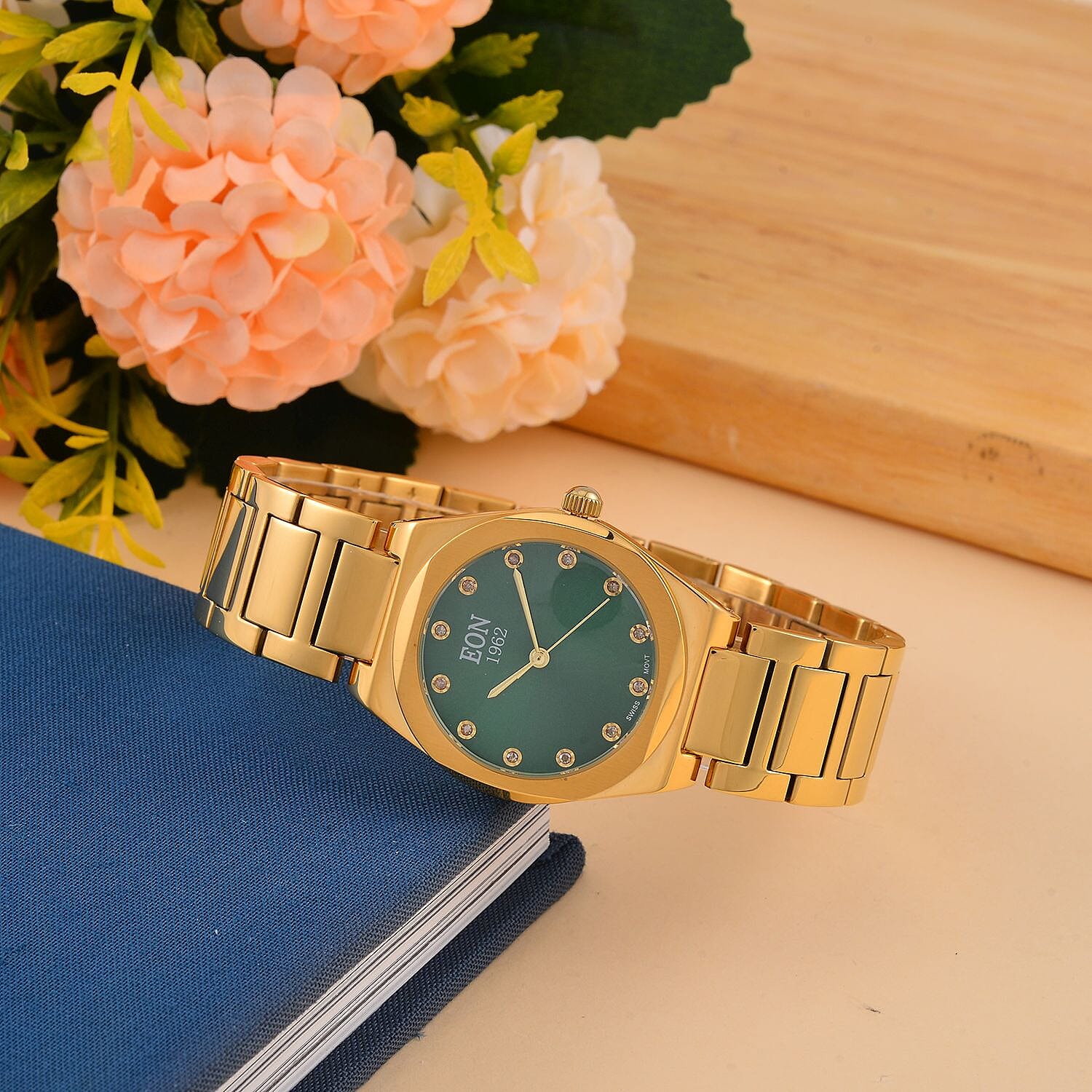 Back by Demand - EON 1962  Swiss Movt.12 Natural Champagne Diamond 5ATM WR Stainless Steel Watch- Gold Green