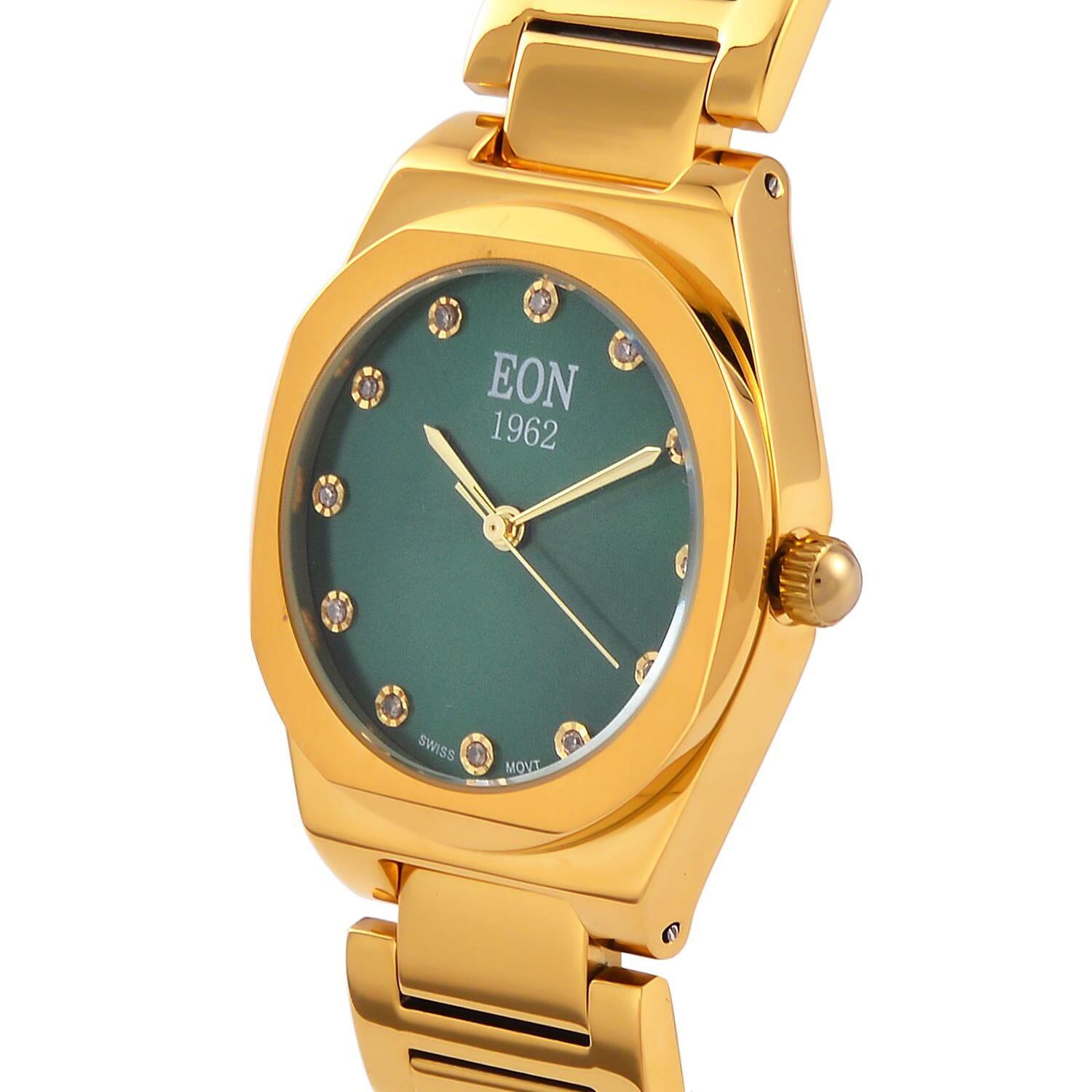 Back by Demand - EON 1962  Swiss Movt.12 Natural Champagne Diamond 5ATM WR Stainless Steel Watch- Gold Green