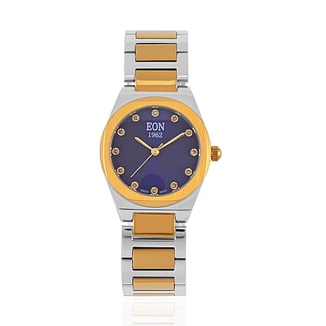 EON 1962  Swiss Movt.12 Natural Champagne Diamond 5ATM WR Stainless Steel Watch in Dual Tone - Gold - Blue