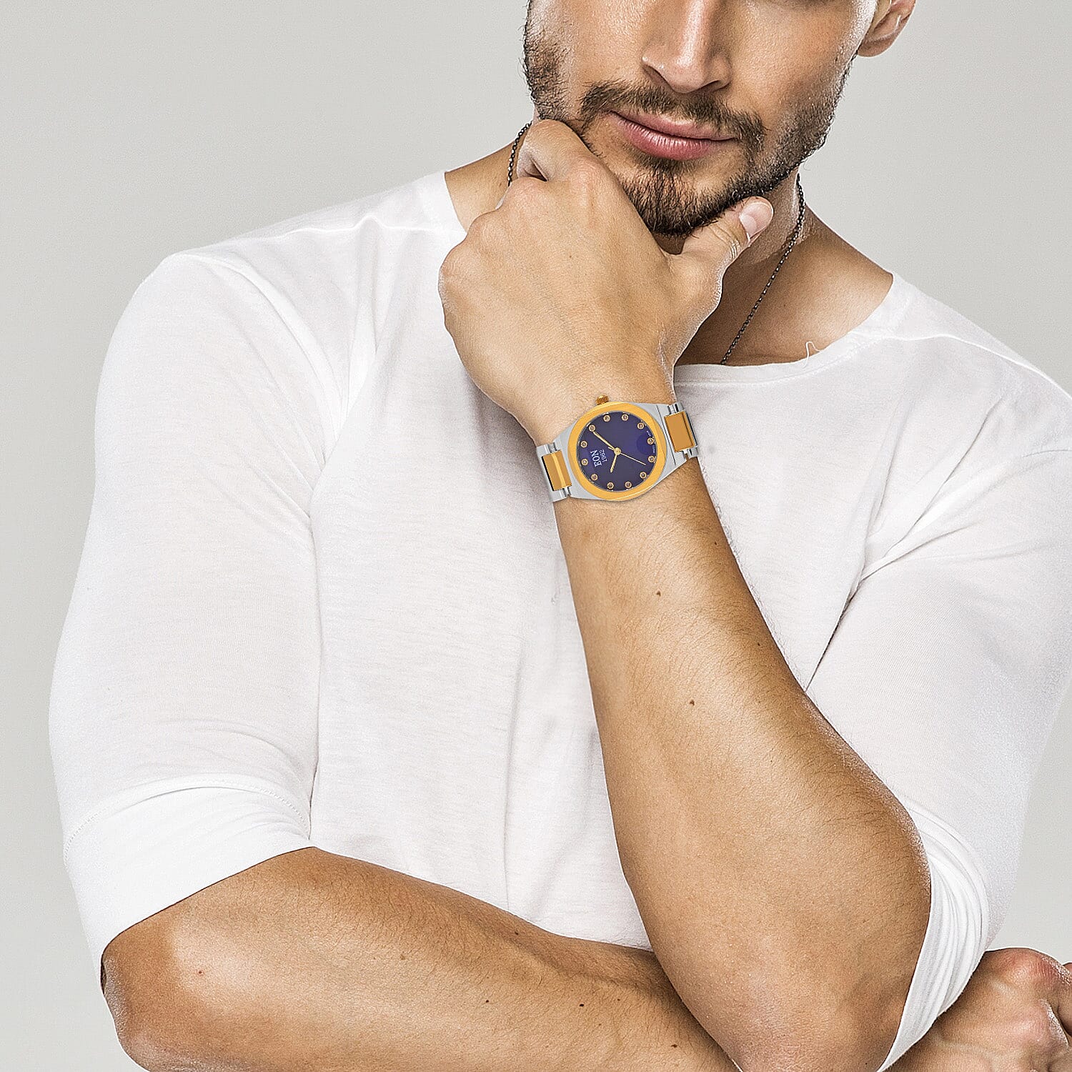 EON 1962  Swiss Movt.12 Natural Champagne Diamond 5ATM WR Stainless Steel Watch in Dual Tone - Gold - Blue