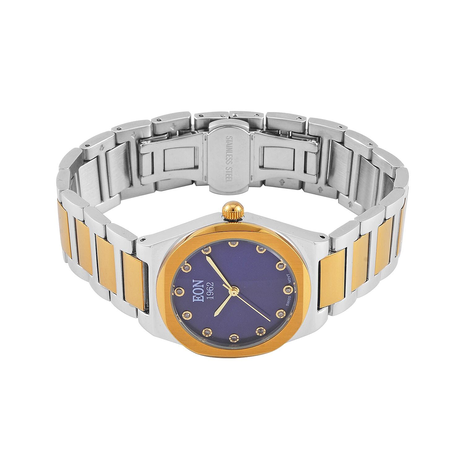 EON 1962  Swiss Movt.12 Natural Champagne Diamond 5ATM WR Stainless Steel Watch in Dual Tone - Gold - Blue
