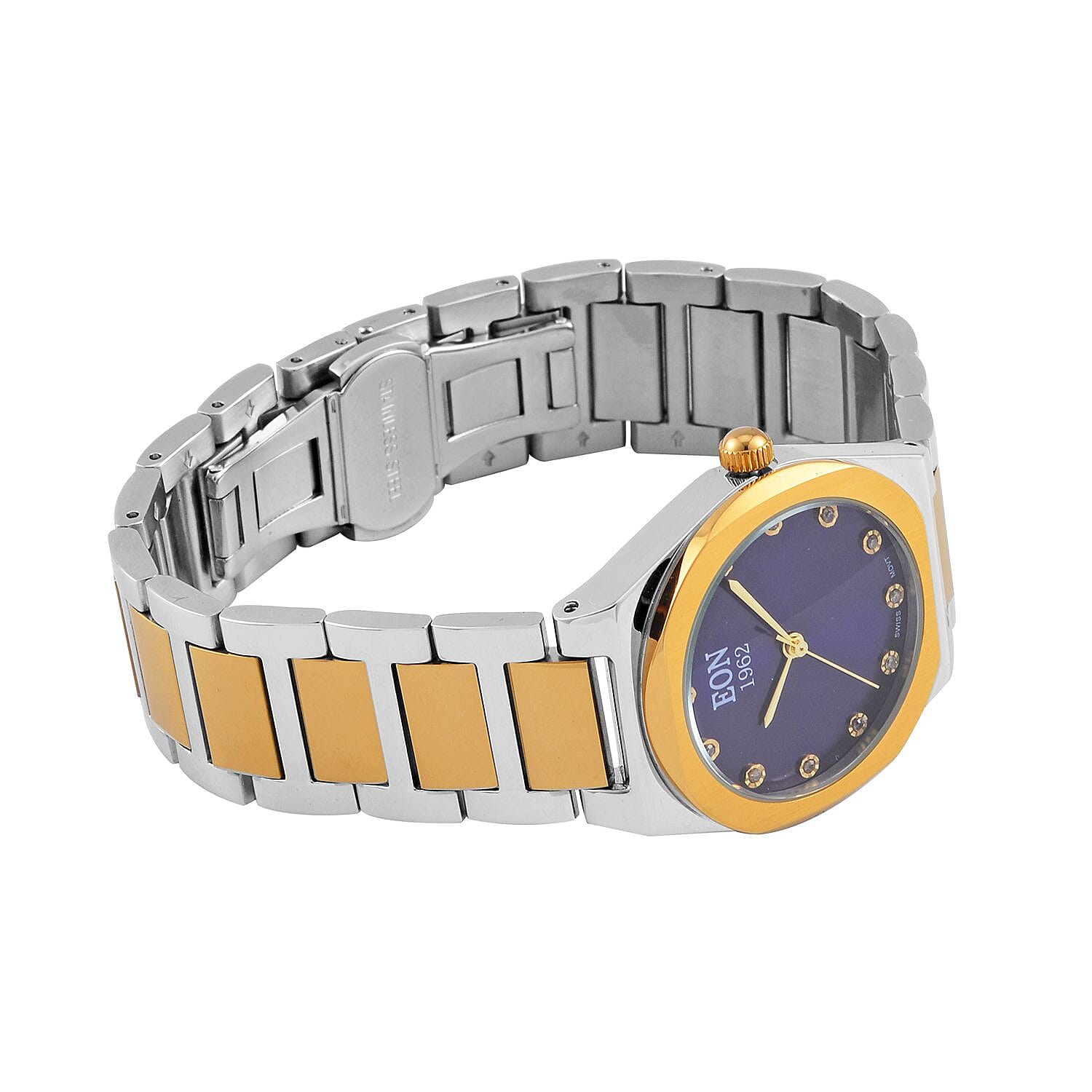 EON 1962  Swiss Movt.12 Natural Champagne Diamond 5ATM WR Stainless Steel Watch in Dual Tone - Gold - Blue