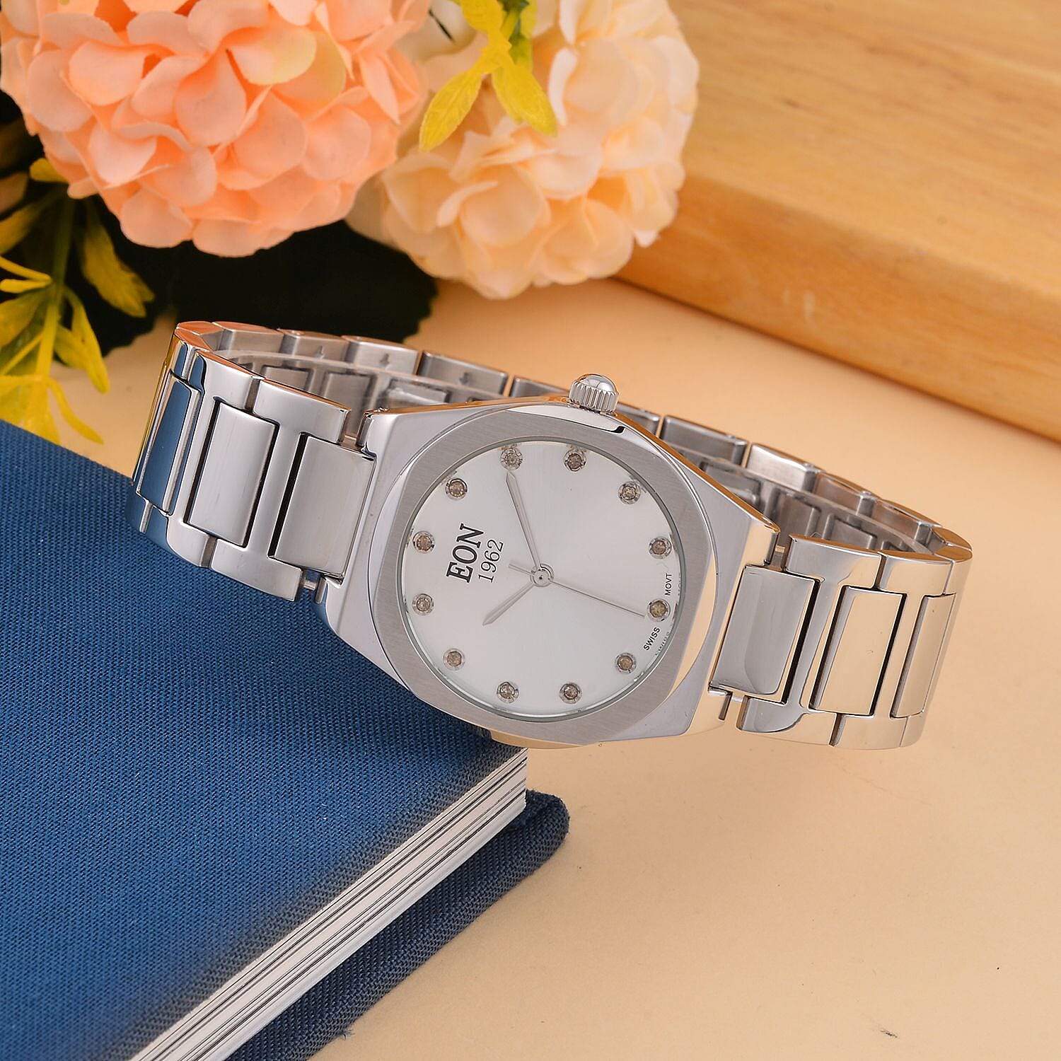 EON 1962  Swiss Movt.12 Natural Champagne Diamond 5ATM WR Stainless Steel Watch in Dual Tone - Silver