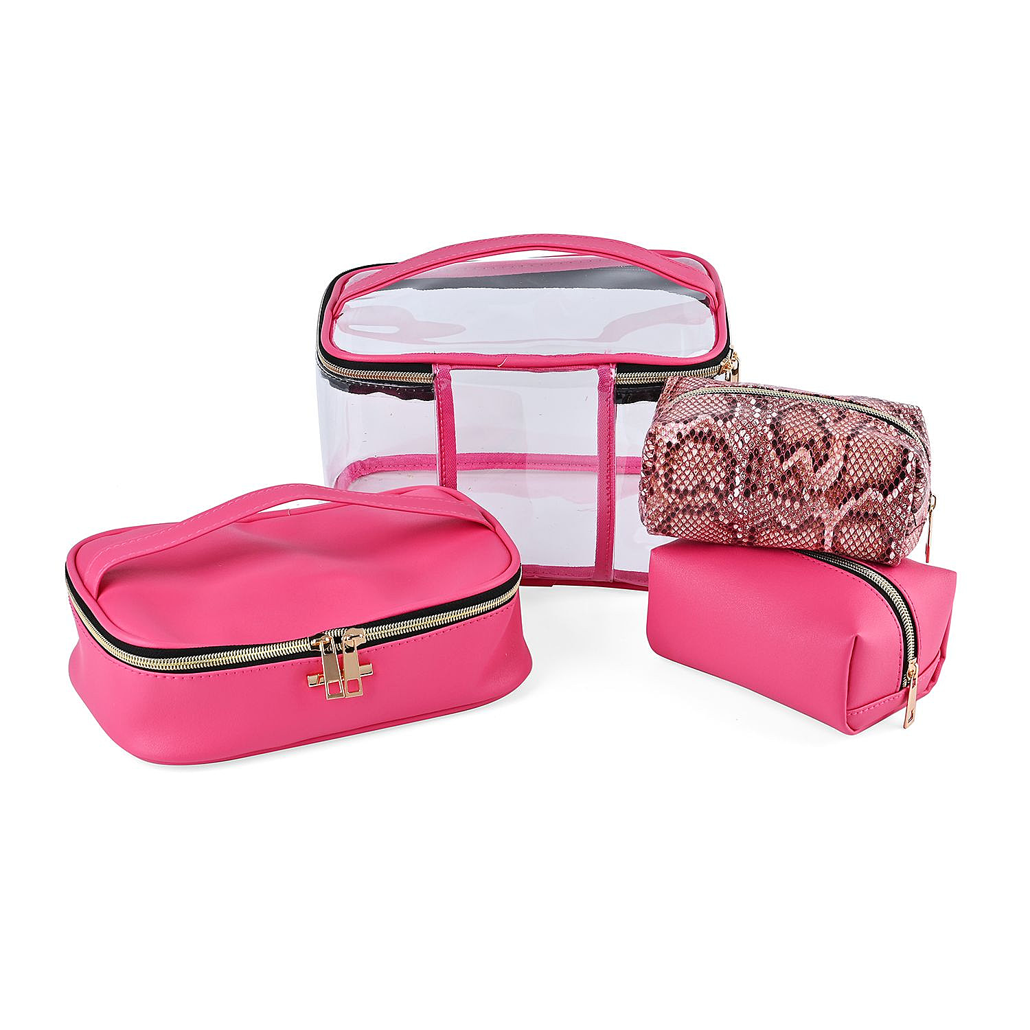 Set of 4 Leatherette Cosmetic Bag (Size L,M,S) - Rose Pink & Snakeskin