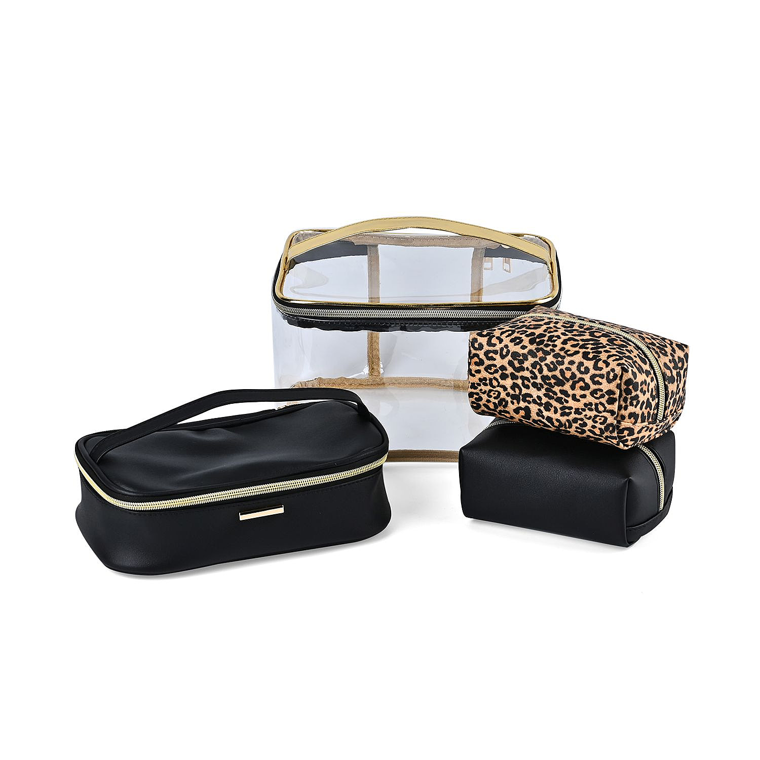 Set of 4 Leatherette Cosmetic Bag (Size L,M,S) - Black & Leopard