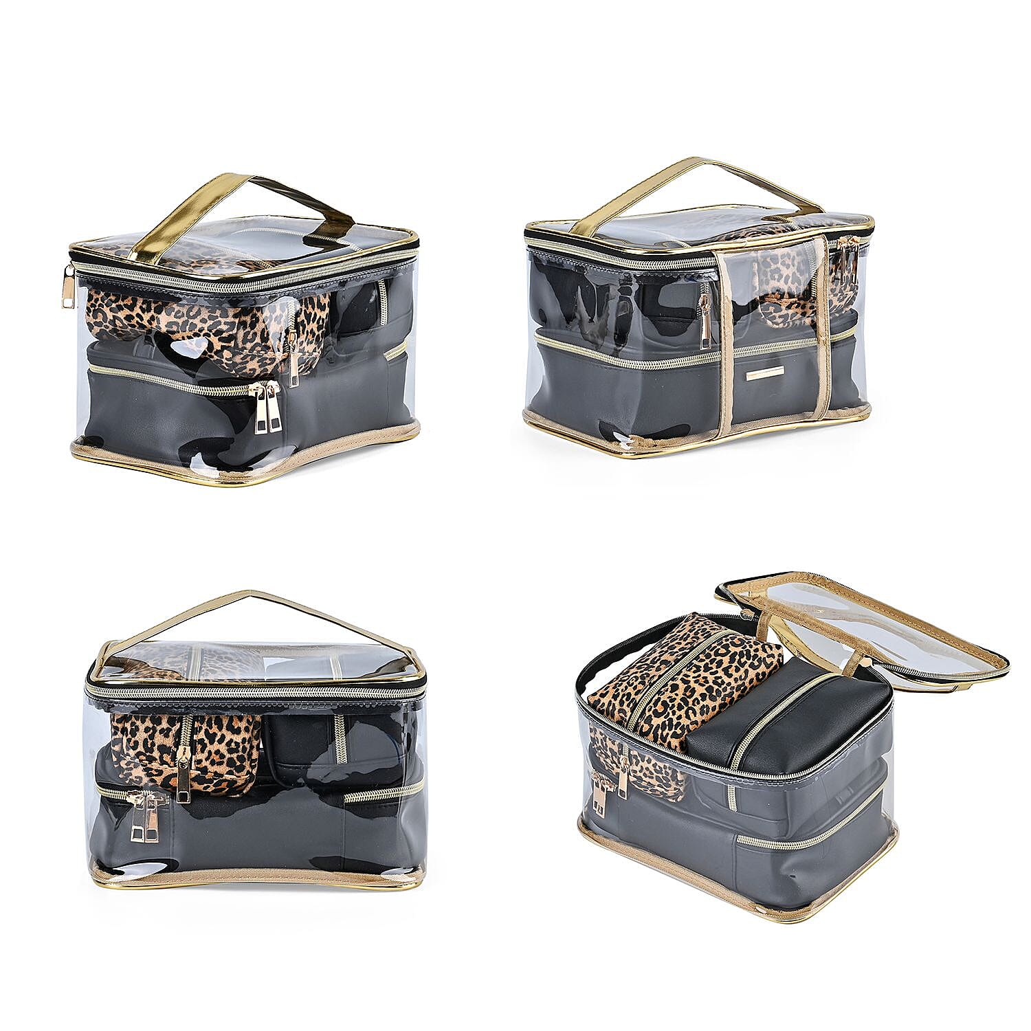 Set of 4 Leatherette Cosmetic Bag (Size L,M,S) - Black & Leopard