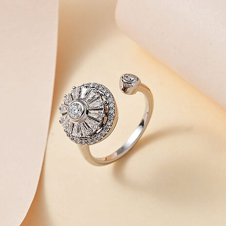 Moissanite Sunflower Spinner Adjustable Ring in Platinum Overlay Sterling Silver 1.24 Ct.