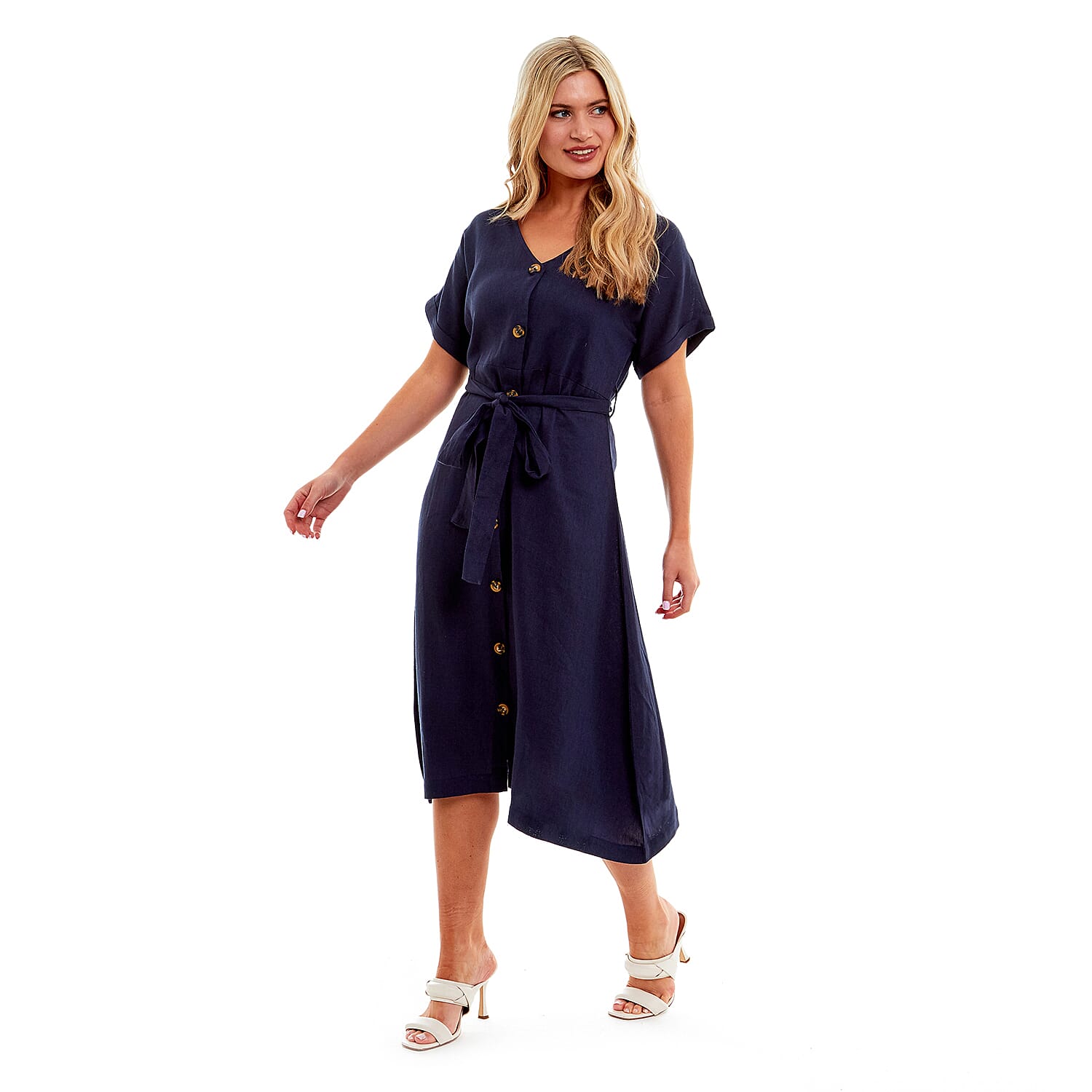 Charlotte West Ladies Linen Belted Dress (Size 12) - Navy