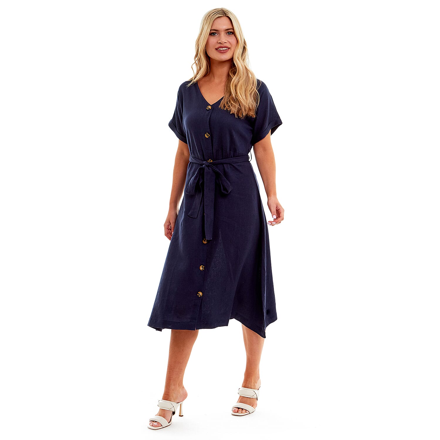 Charlotte West Ladies Linen Belted Dress (Size 12) - Navy