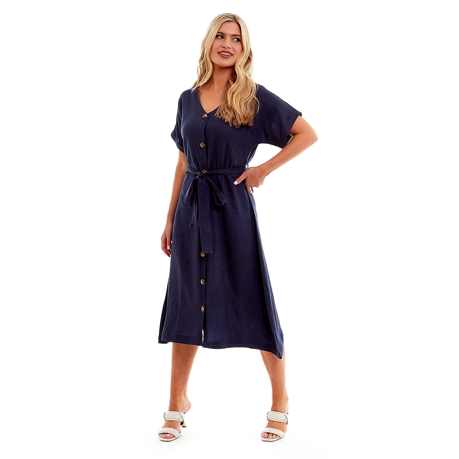 Charlotte West Ladies Linen Belted Dress - Navy Charlotte West Ladies Linen Belted Dress - Navy