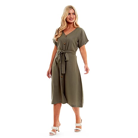 Charlotte West Ladies Linen Belted Dress (Size 12) - Khaki