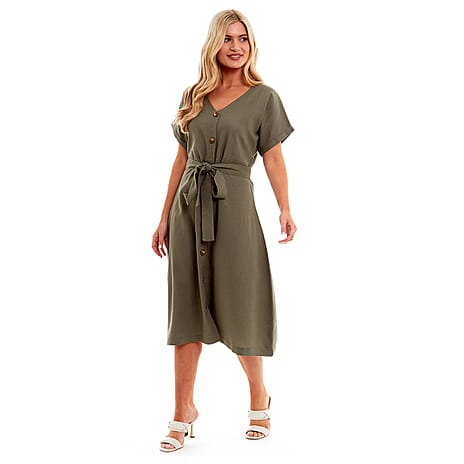 Charlotte West Ladies Linen Belted Dress (Size 12) - Khaki