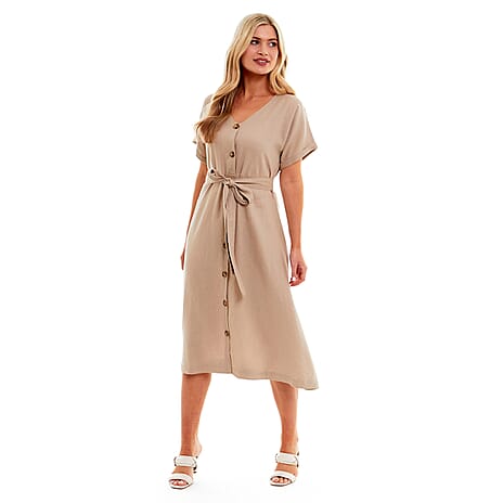 Charlotte West Ladies Linen Belted Dress (Size 12) - Stone