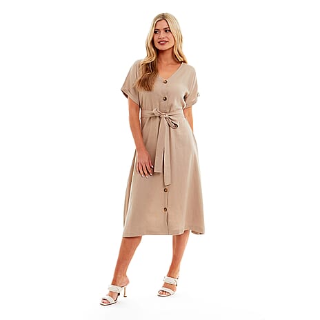Charlotte West Ladies Linen Belted Dress (Size 12) - Stone