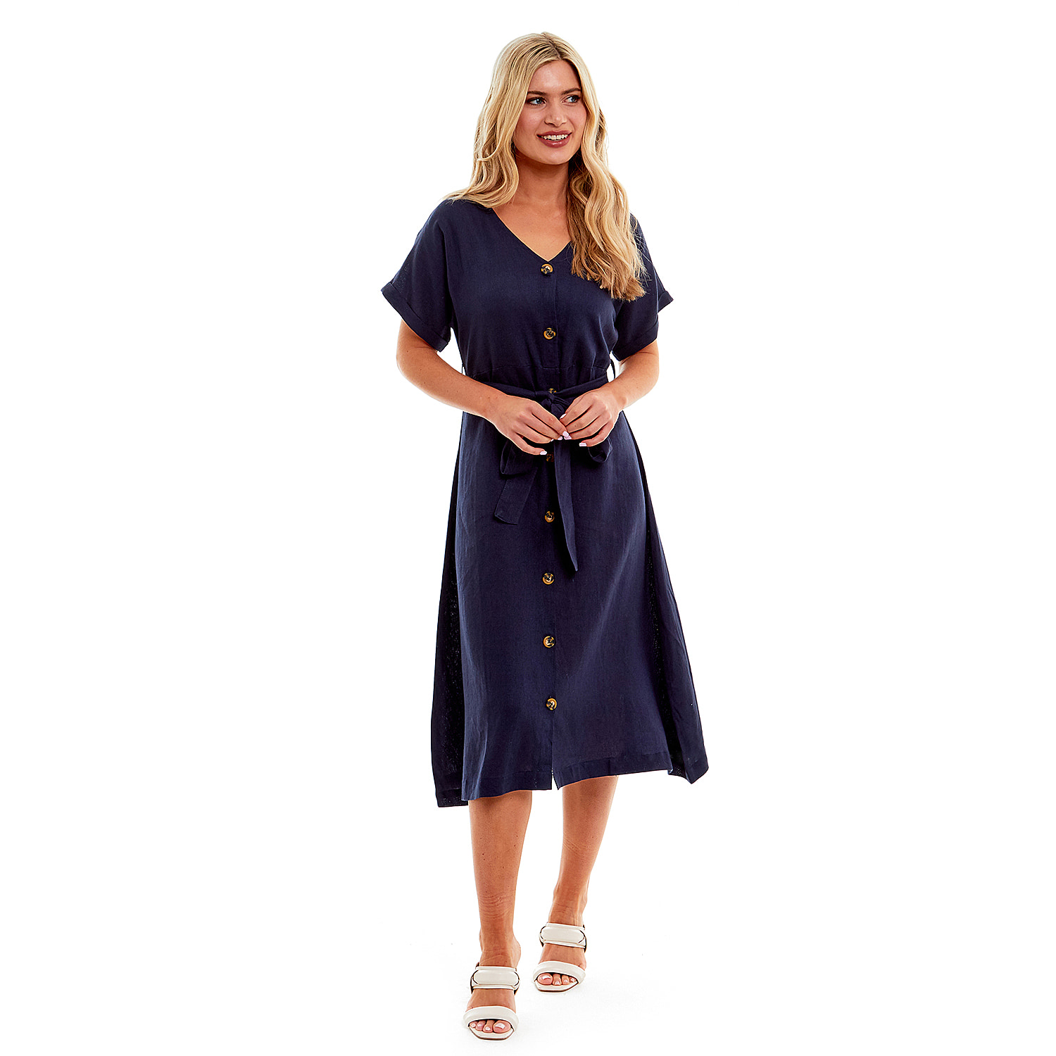 Charlotte West Ladies Linen Belted Dress (Size 10) - Navy