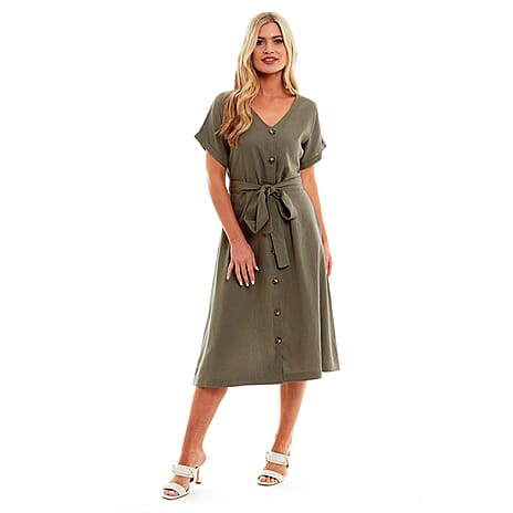 Charlotte West Linen Midi (Size 20) - Khaki