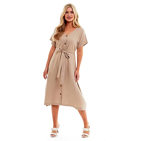 Charlotte West Ladies Linen Belted Dress (Size 20) - Stone