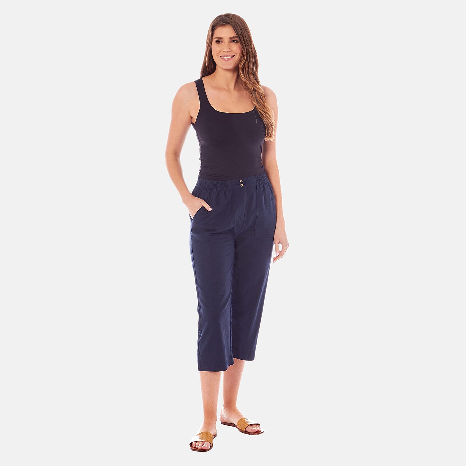 Charlotte West Ladies Linen Blend 3-4 Trousers (Size 12) - Navy