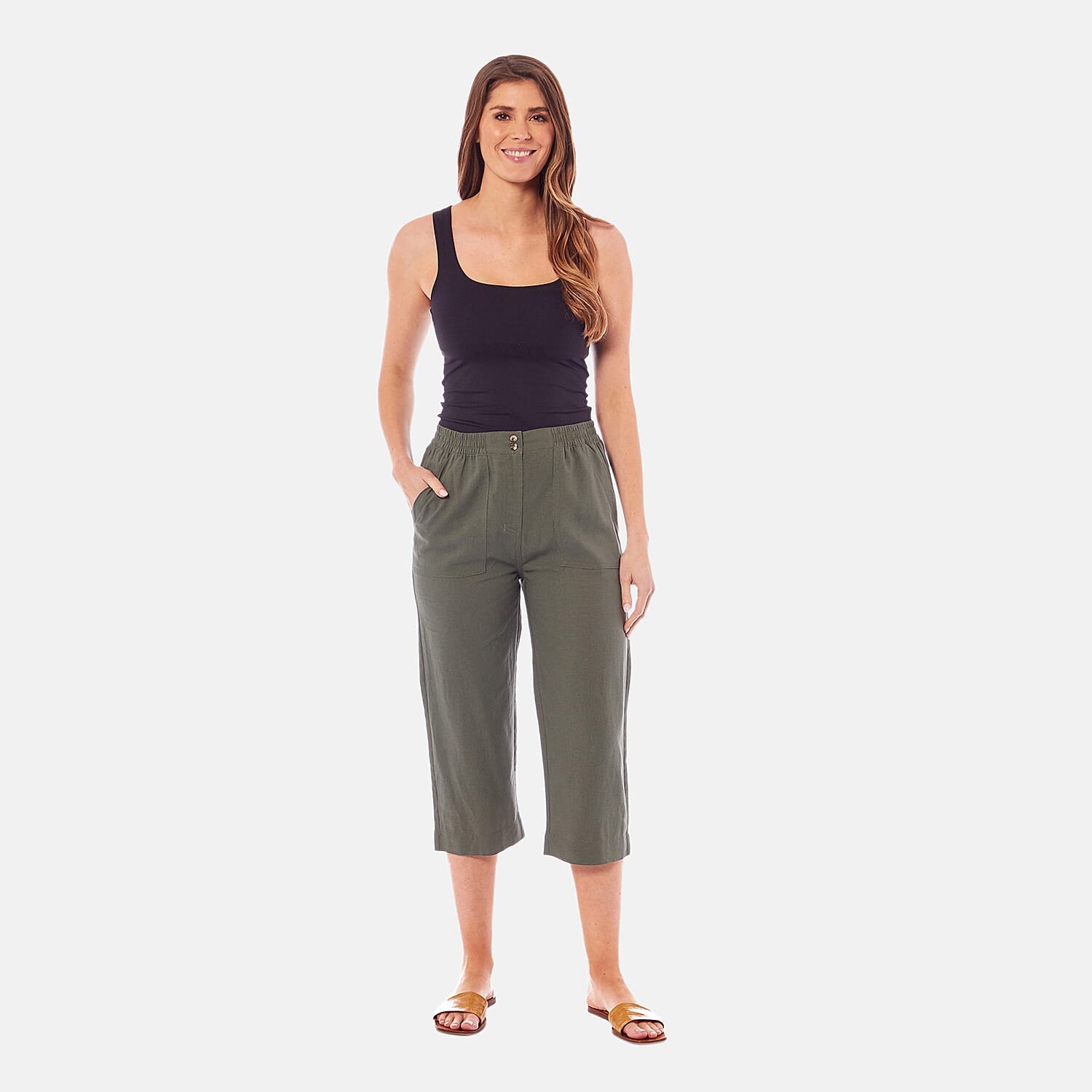 Charlotte West Ladies Linen Blend 3-4 Trousers (Size 14) - Khaki