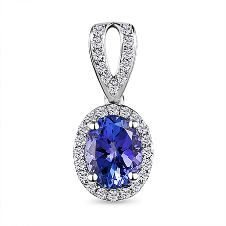 9K White Gold  AA - Tanzanite, White Diamond Halo Pendant