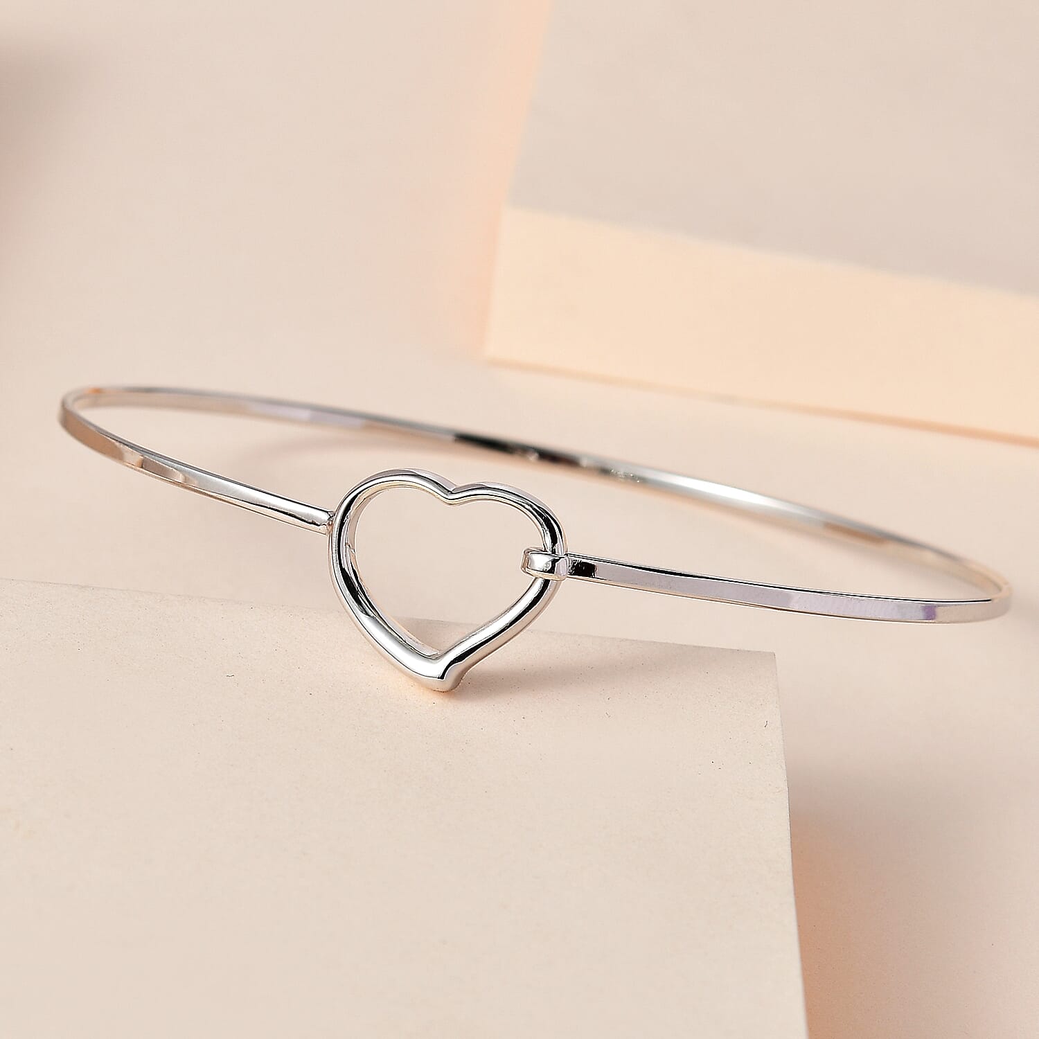 Designer Inspired-Platinum Overlay Sterling Silver Heart Bangle (Size - 7.5), Silver Wt. 6.35 Gms