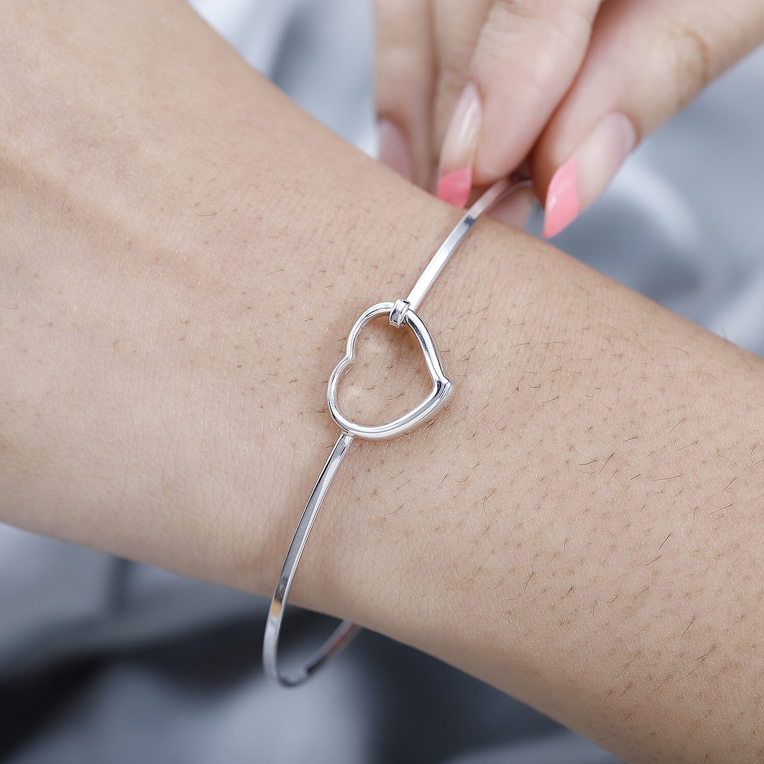 Designer Inspired-Platinum Overlay Sterling Silver Heart Bangle (Size - 7.5), Silver Wt. 6.35 Gms