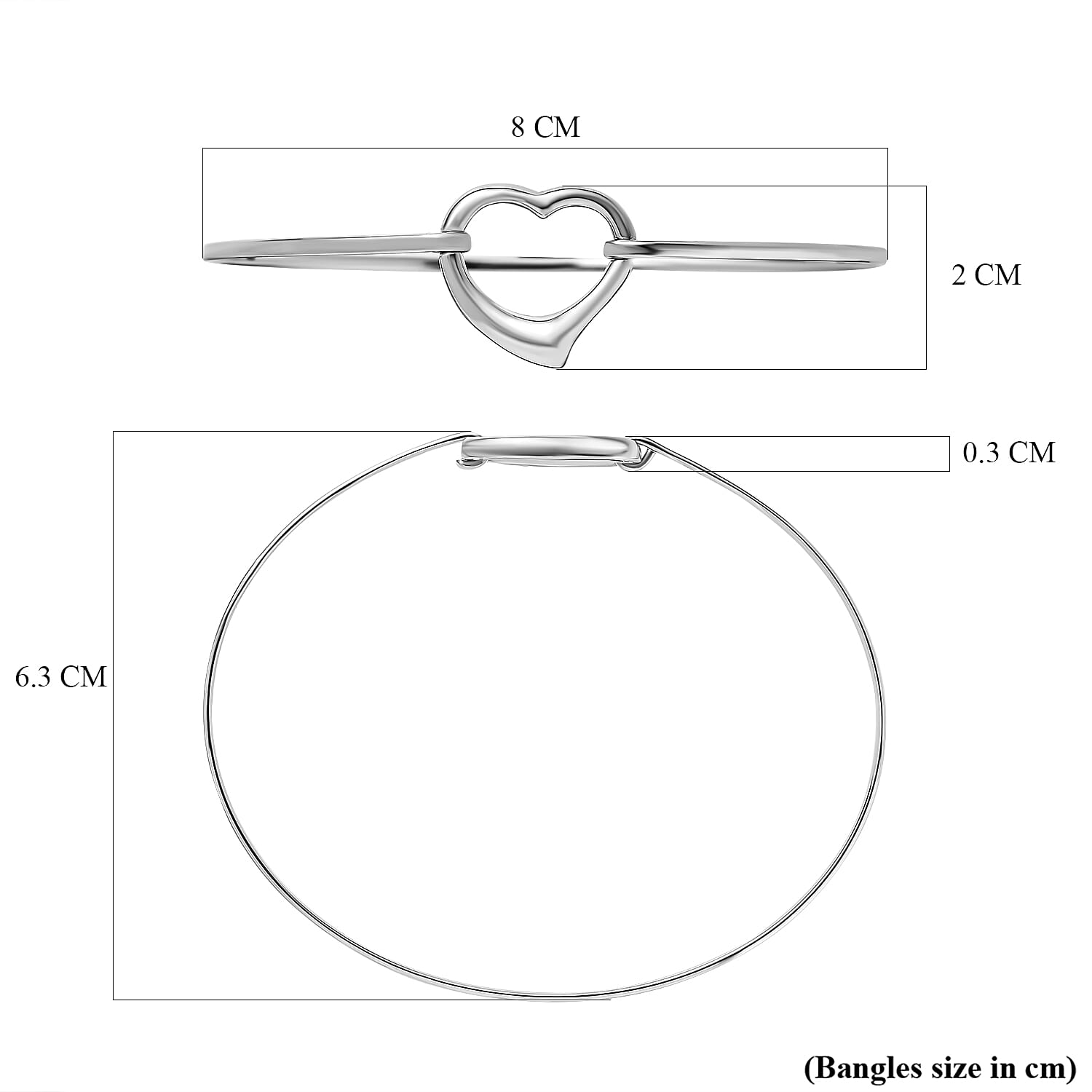 Designer Inspired-Platinum Overlay Sterling Silver Heart Bangle (Size - 7.5), Silver Wt. 6.35 Gms