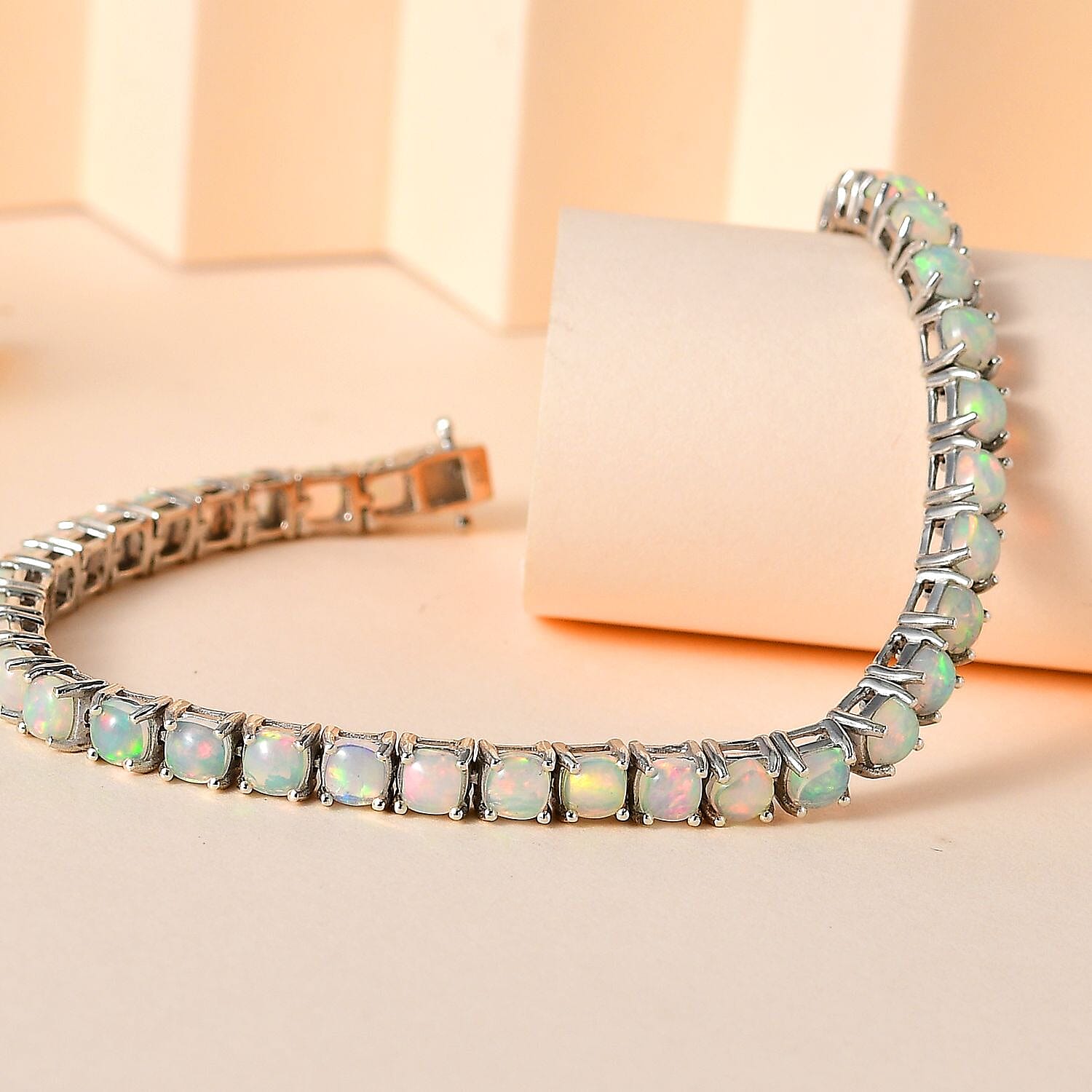 Ethiopian Welo Opal Tennis Bracelet (Size - 7) in Platinum Overlay Sterling Silver 8.43 Ct, Silver Wt. 11.32 Gms
