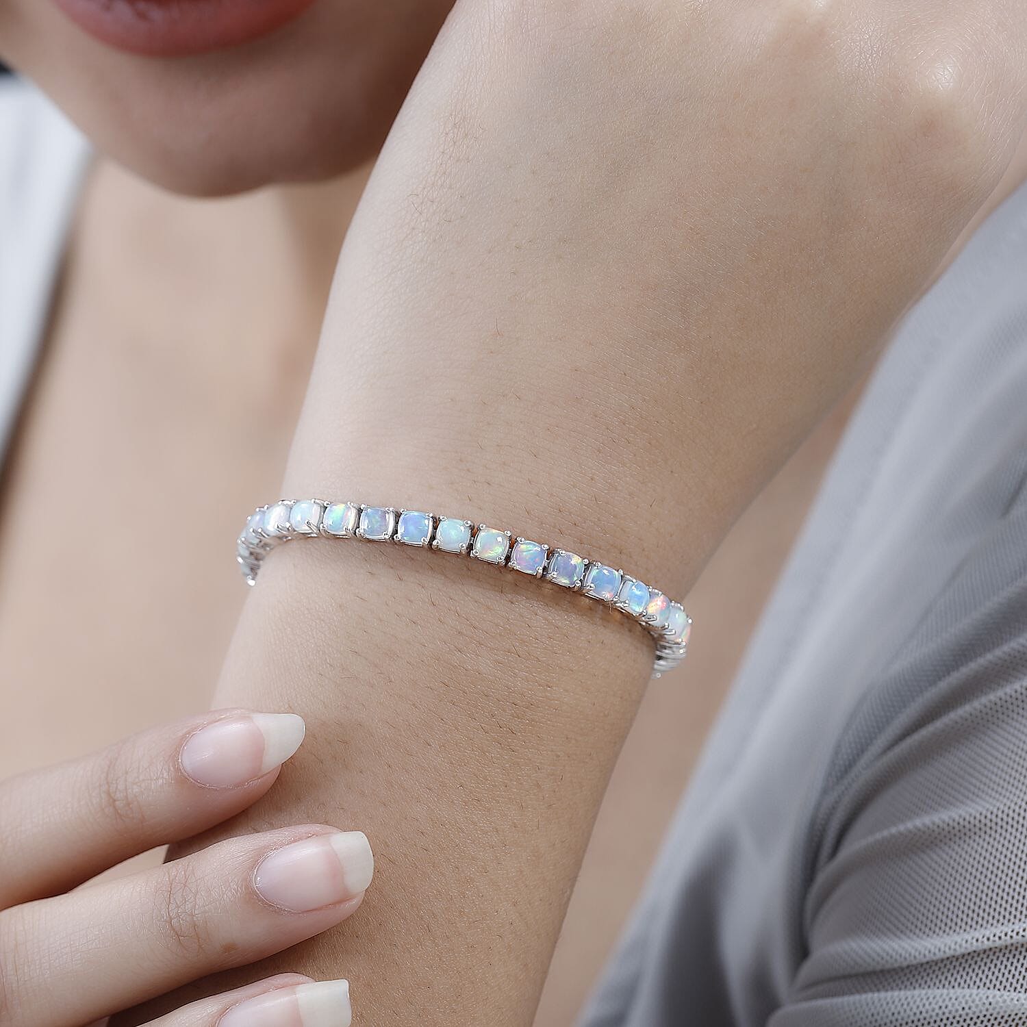 Ethiopian Welo Opal Tennis Bracelet (Size - 7) in Platinum Overlay Sterling Silver 8.43 Ct, Silver Wt. 11.32 Gms