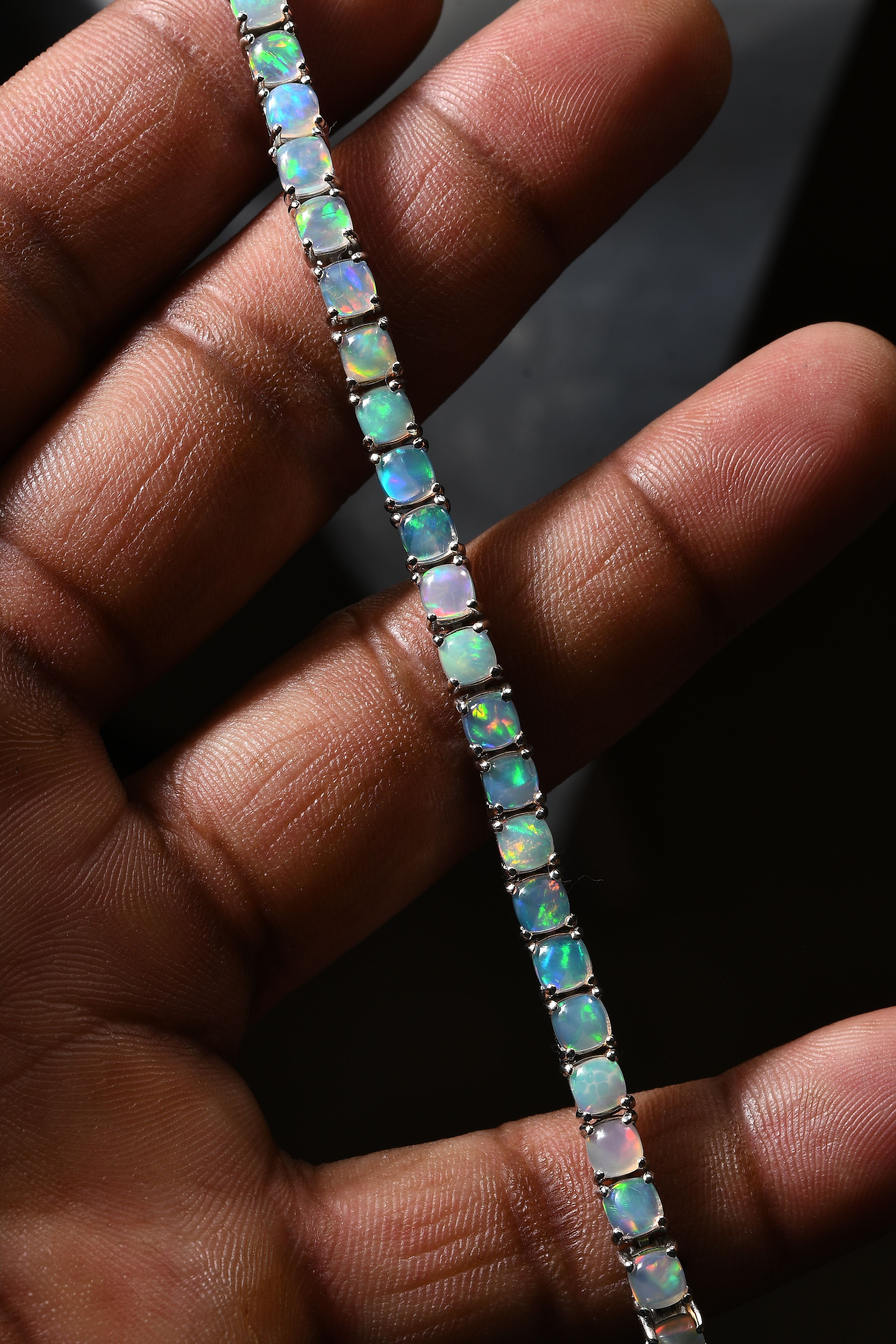 Ethiopian Welo Opal Tennis Bracelet (Size - 7) in Platinum Overlay Sterling Silver 8.43 Ct, Silver Wt. 11.32 Gms