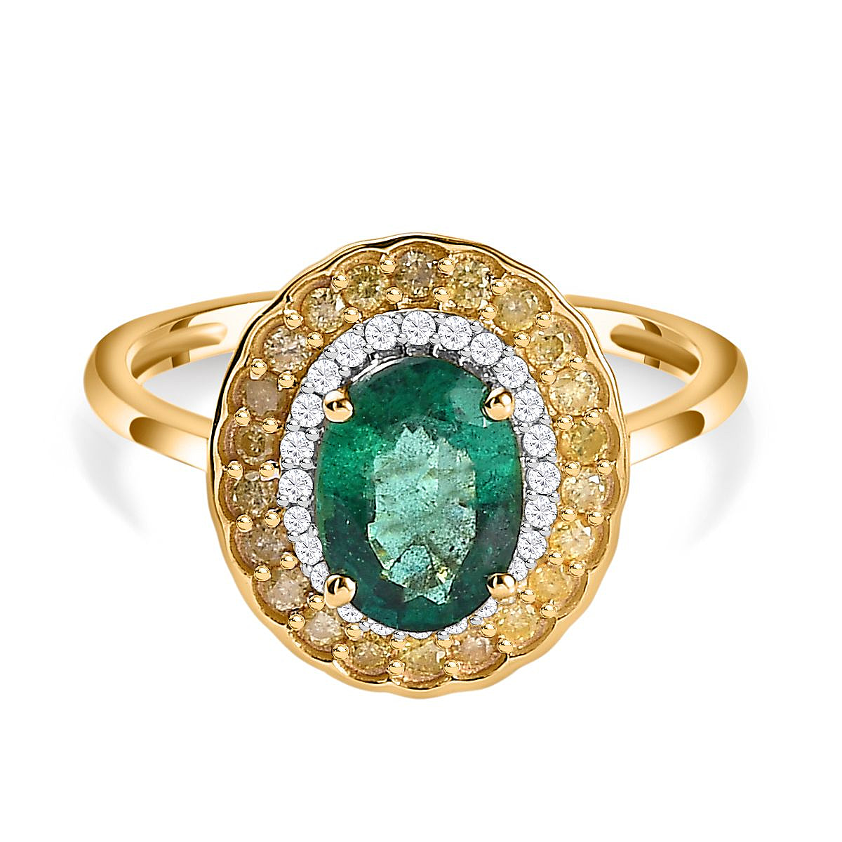 9K Yellow Gold AAA Zambian Emerald, Natural Yellow Diamond, White Diamond (I2-I3) Double Halo Ring