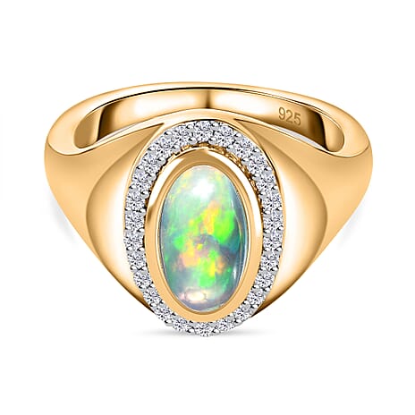 Ethiopian Opal , White Zircon Main Stone With Side Stone Ring in Vermeil YG Sterling Silver 1.43 ct, Silver Wt. 5 Gms 1.286 Ct. Ethiopian Opal , White Zircon Main Stone With Side Stone Ring in Vermeil YG Sterling Silver 1.43 ct, Silver Wt. 5 Gms 1.286 Ct.