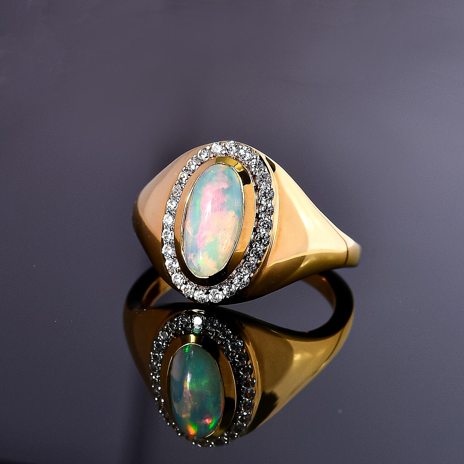Ethiopian Welo Opal & Natural Zircon Ring in 18K Yellow Gold Vermeil Plated Sterling Silver 1.29 Ct